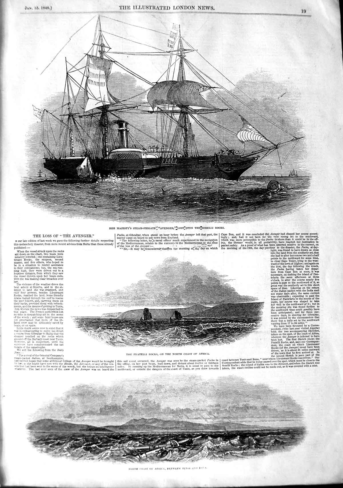 Old Antique Print 1848 Queen Ship Avenger Sorelli Africa Fratelli Tunis 19th