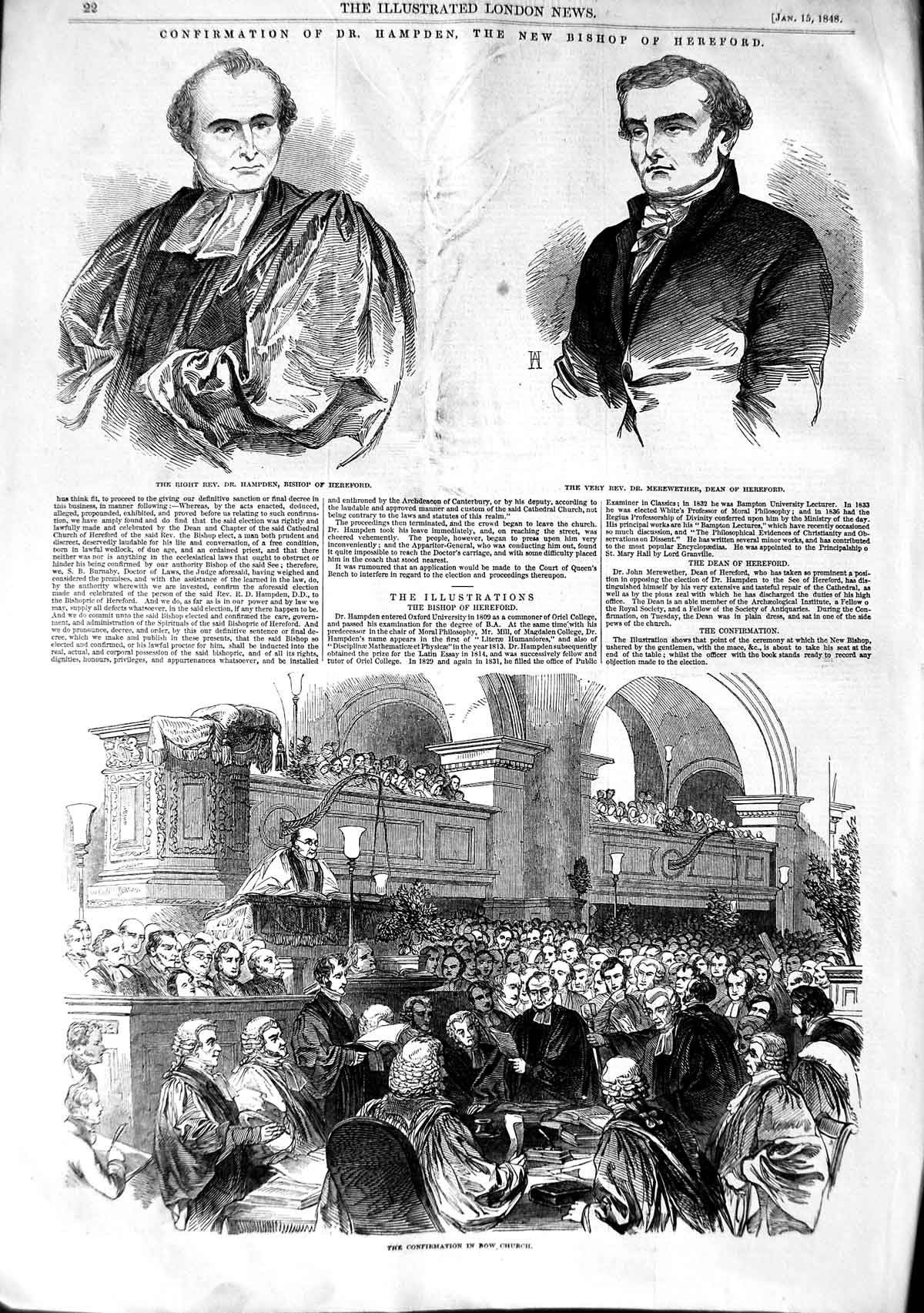 Original Old Antique Print 1848 Bishop Hereford Hampden Merewether Bow Church