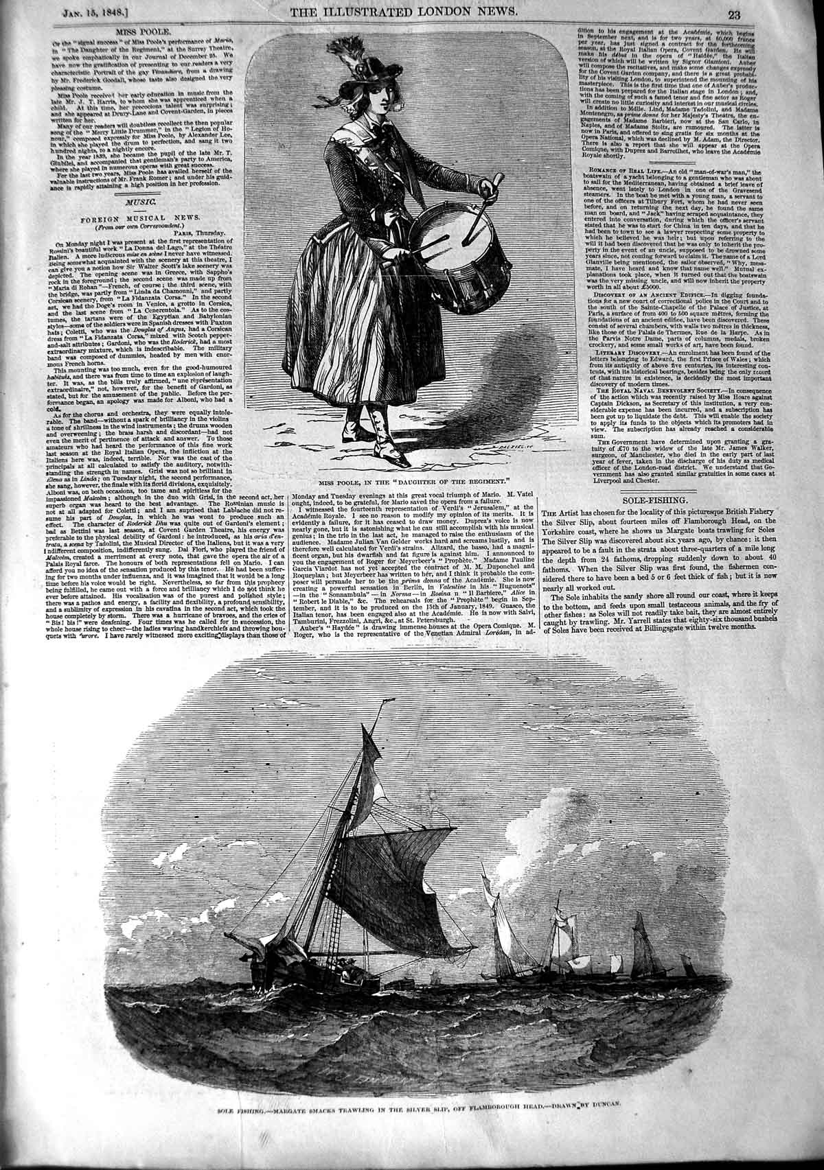 Old Antique Print 1848 Poole Music Drum Sole Fishing Margate Smacks Boats 19th