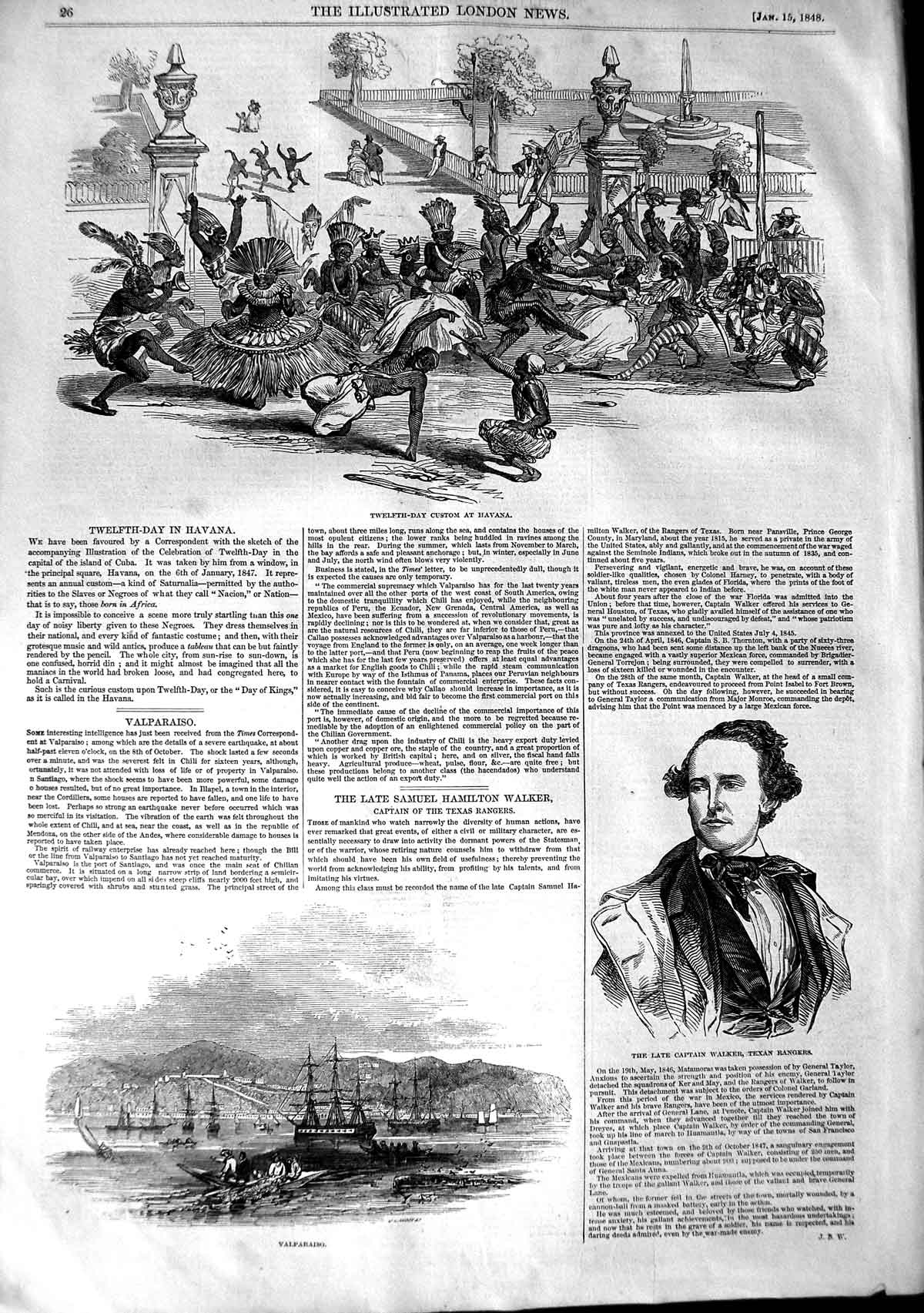Old Antique Print 1848 Havana Valparaiso Ship Captain Walker Texan Ranger 19th