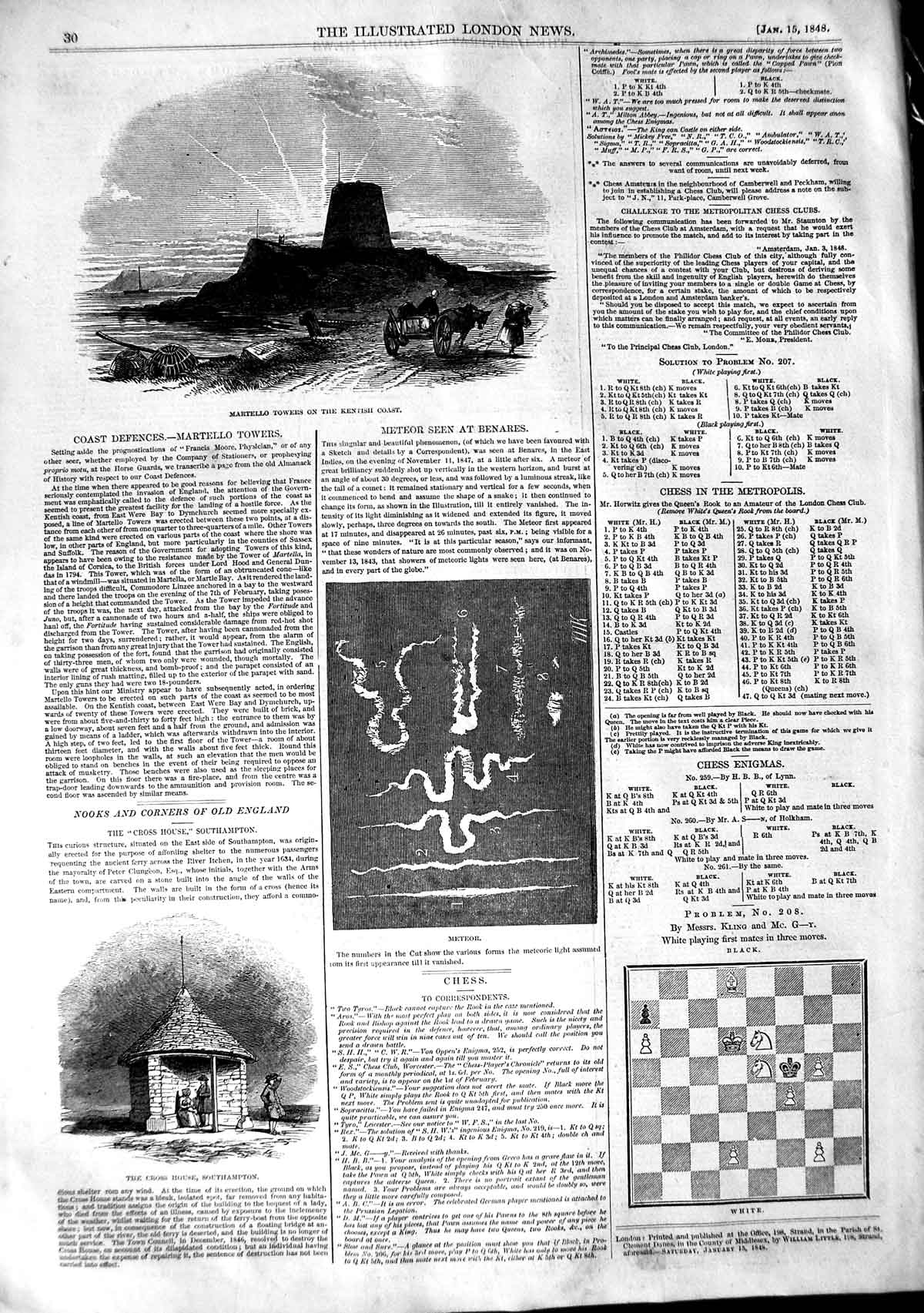 Old Antique Print 1848 Martello Towers Kentish Coast Meteor Southampton 19th