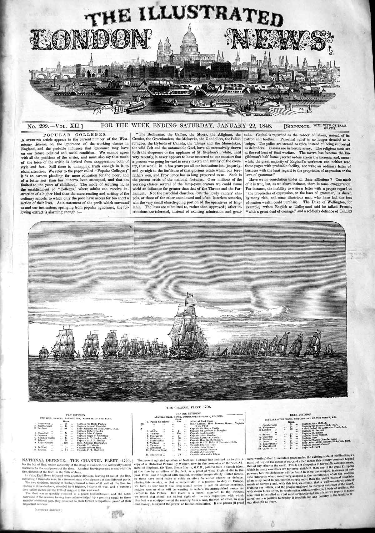 Old Antique Print 1848 Channel Fleet Ships Barrington Howe Hood Arrogant 19th