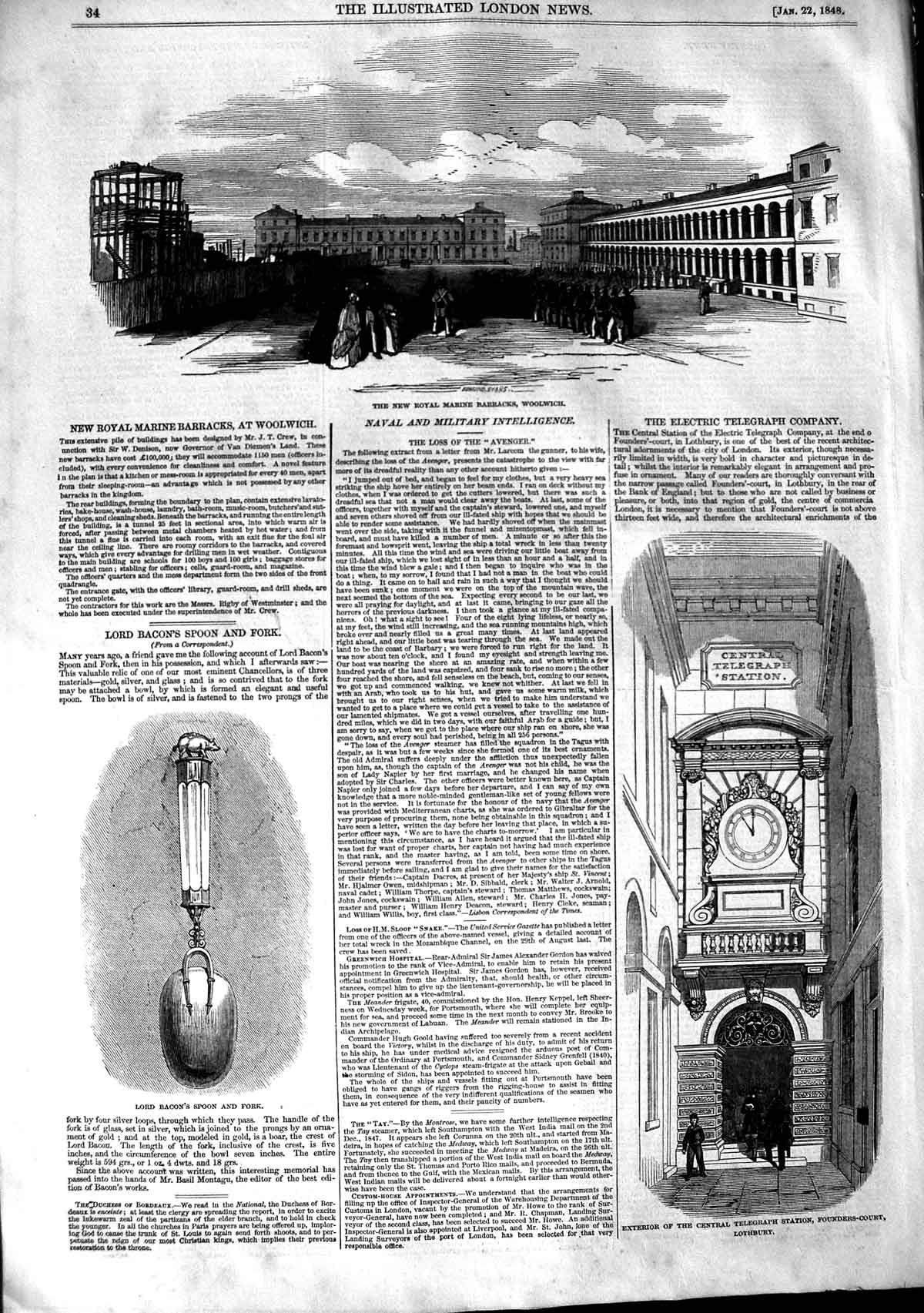 Original Old Antique Print 1848 Royal Marine Barracks Woolwich Lord Bacon Spoon