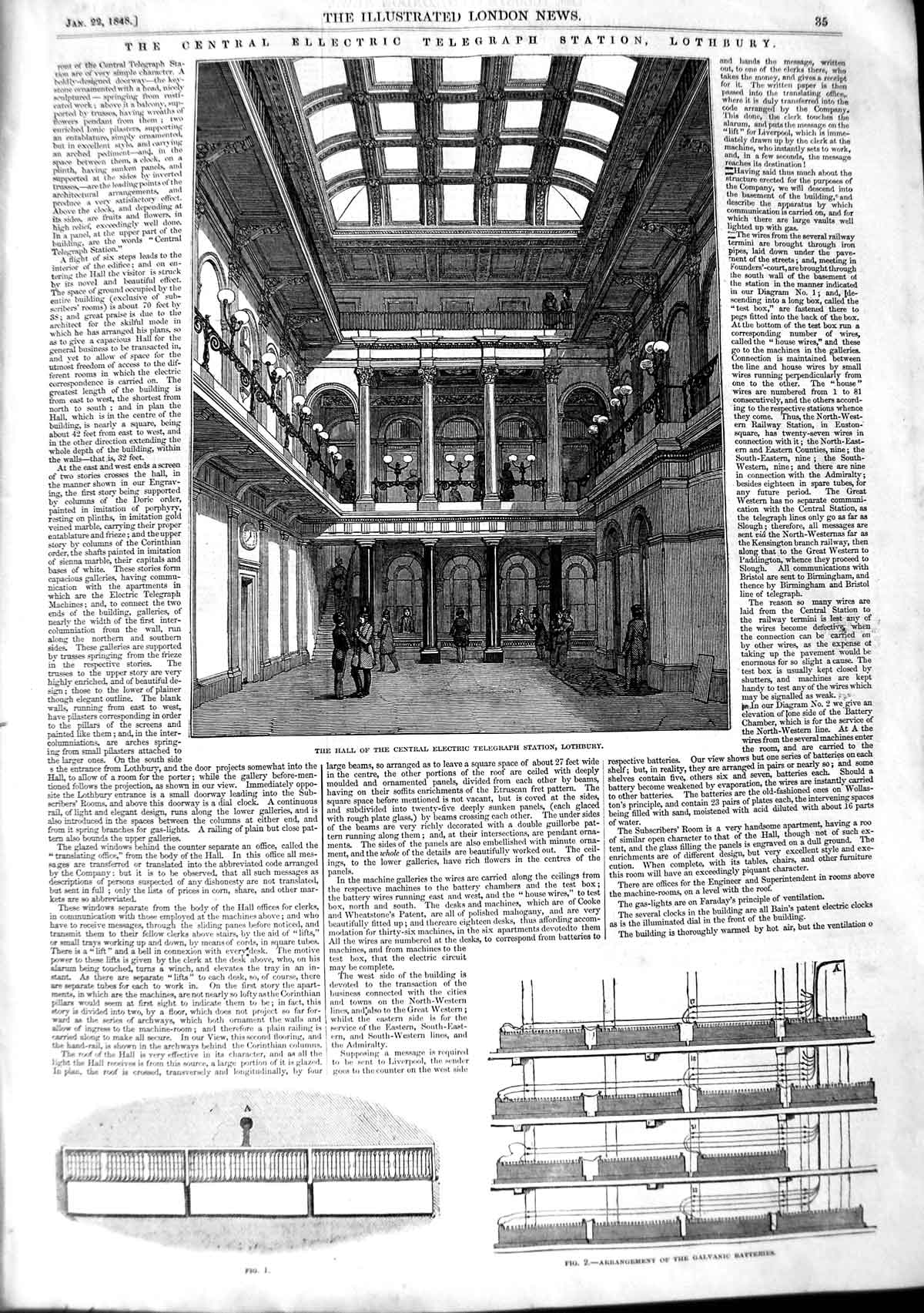 Old Antique Print 1848 Hall Central Electric Telegraph Station Lothbury 19th