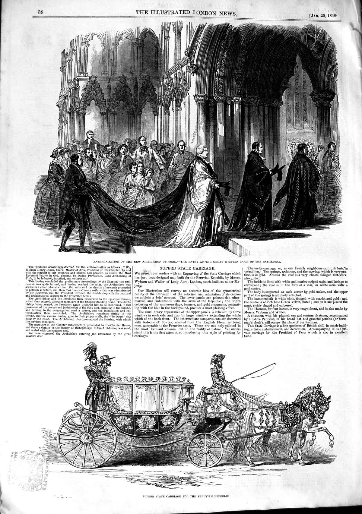 Original Old Antique Print 1848 Archbishop York Cathedral State Carriage P 19th