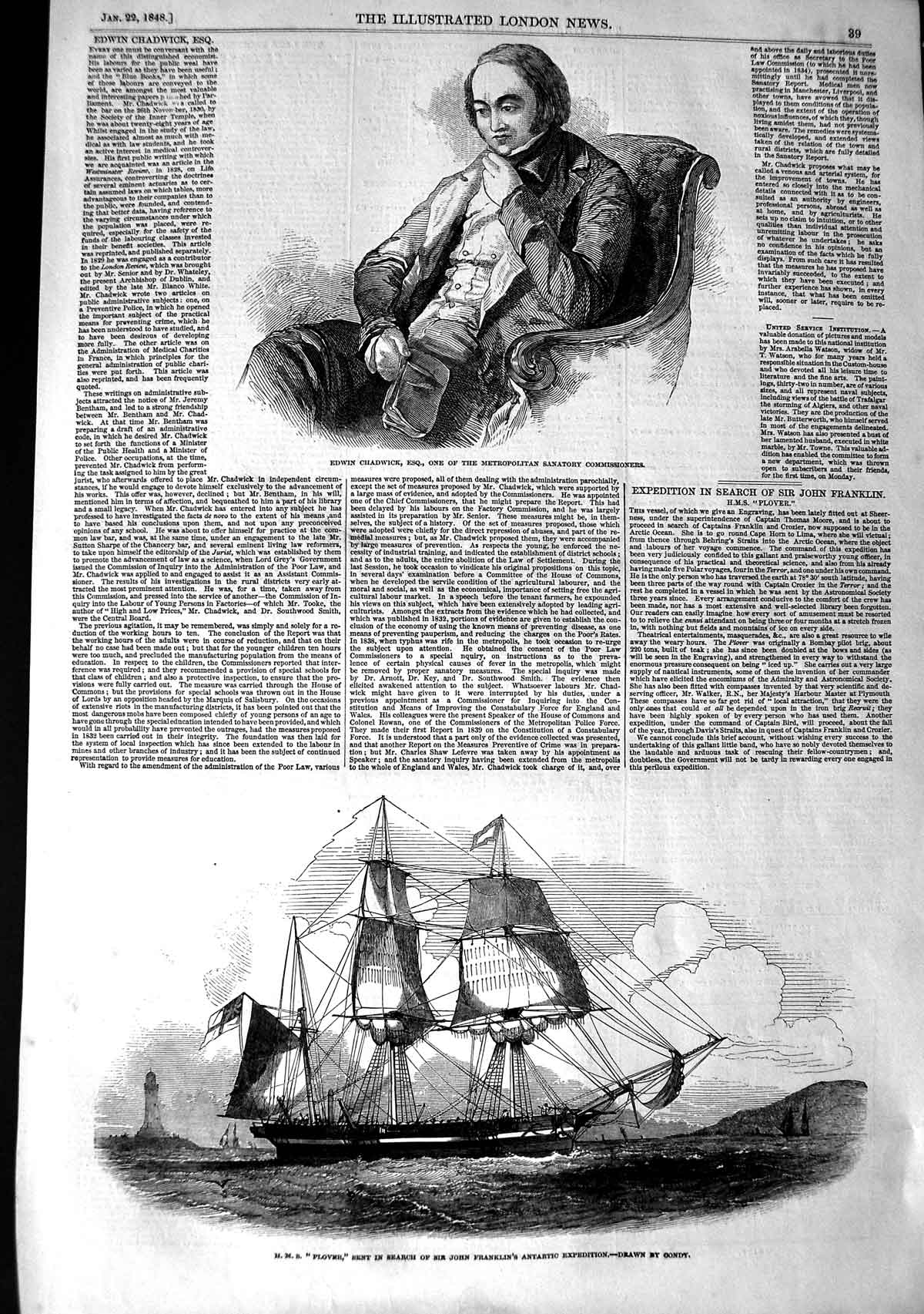 Original Old Antique Print 1848 Edwin Chadwick Ship Plover John Franklin A 19th
