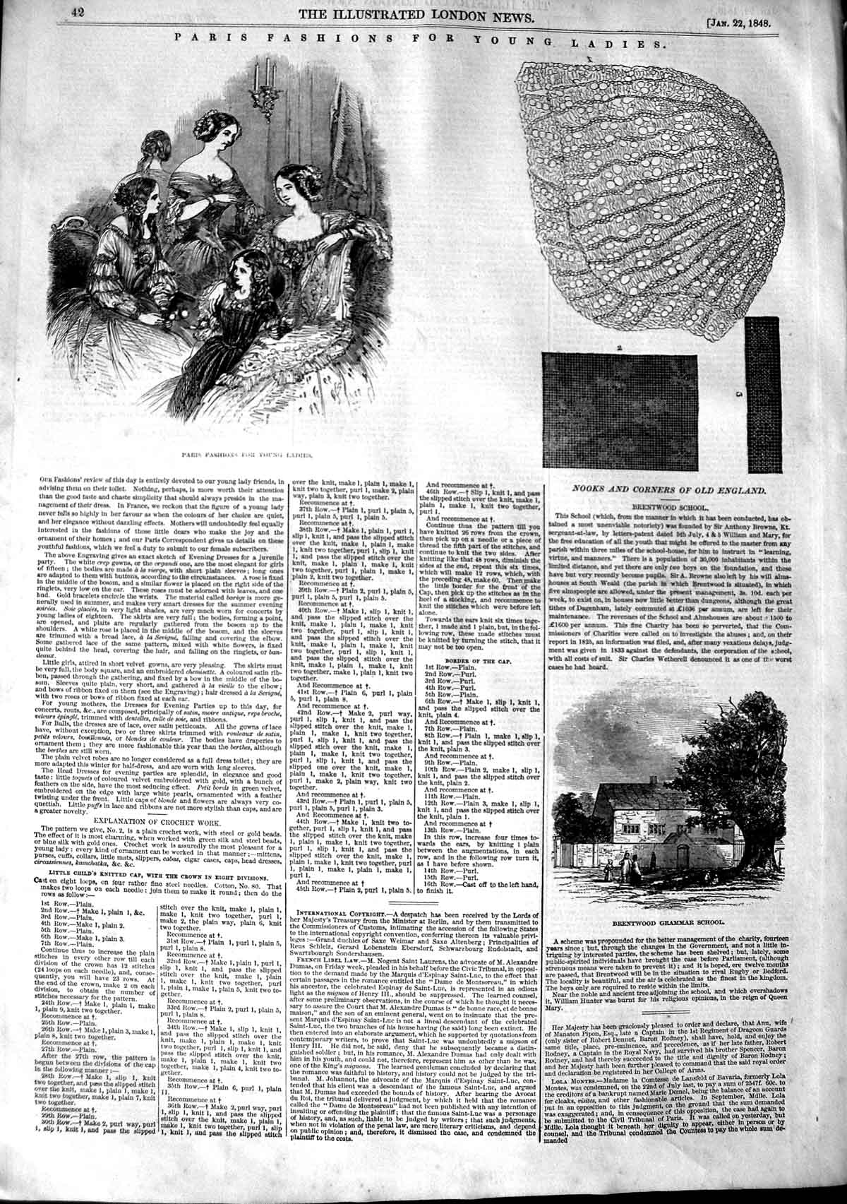 Original Old Antique Print 1848 Paris Fashion Brentwood Grammar School B 19th