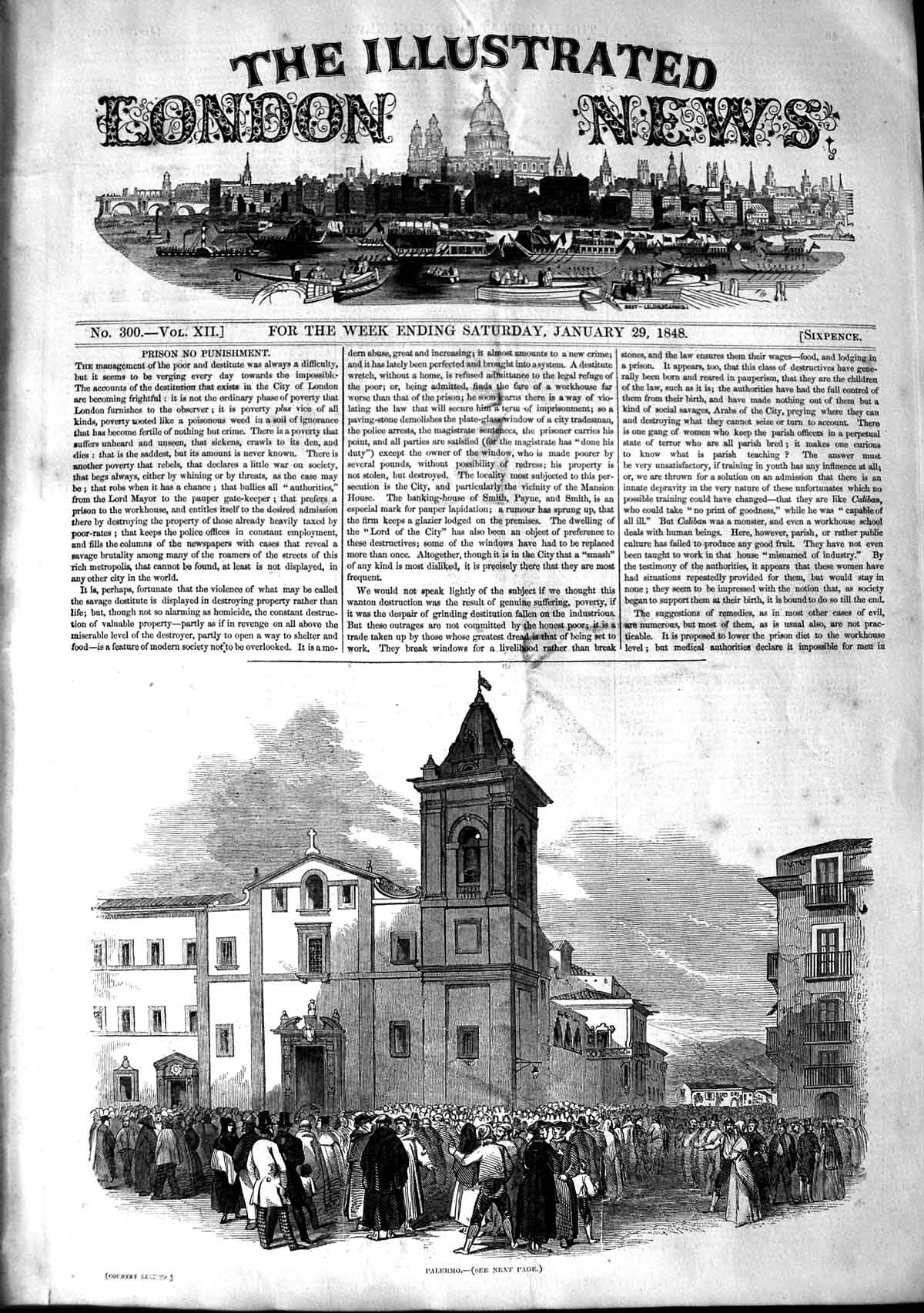 Original Old Antique Print 1848 View Street Palermo Buildings Architecture 19th