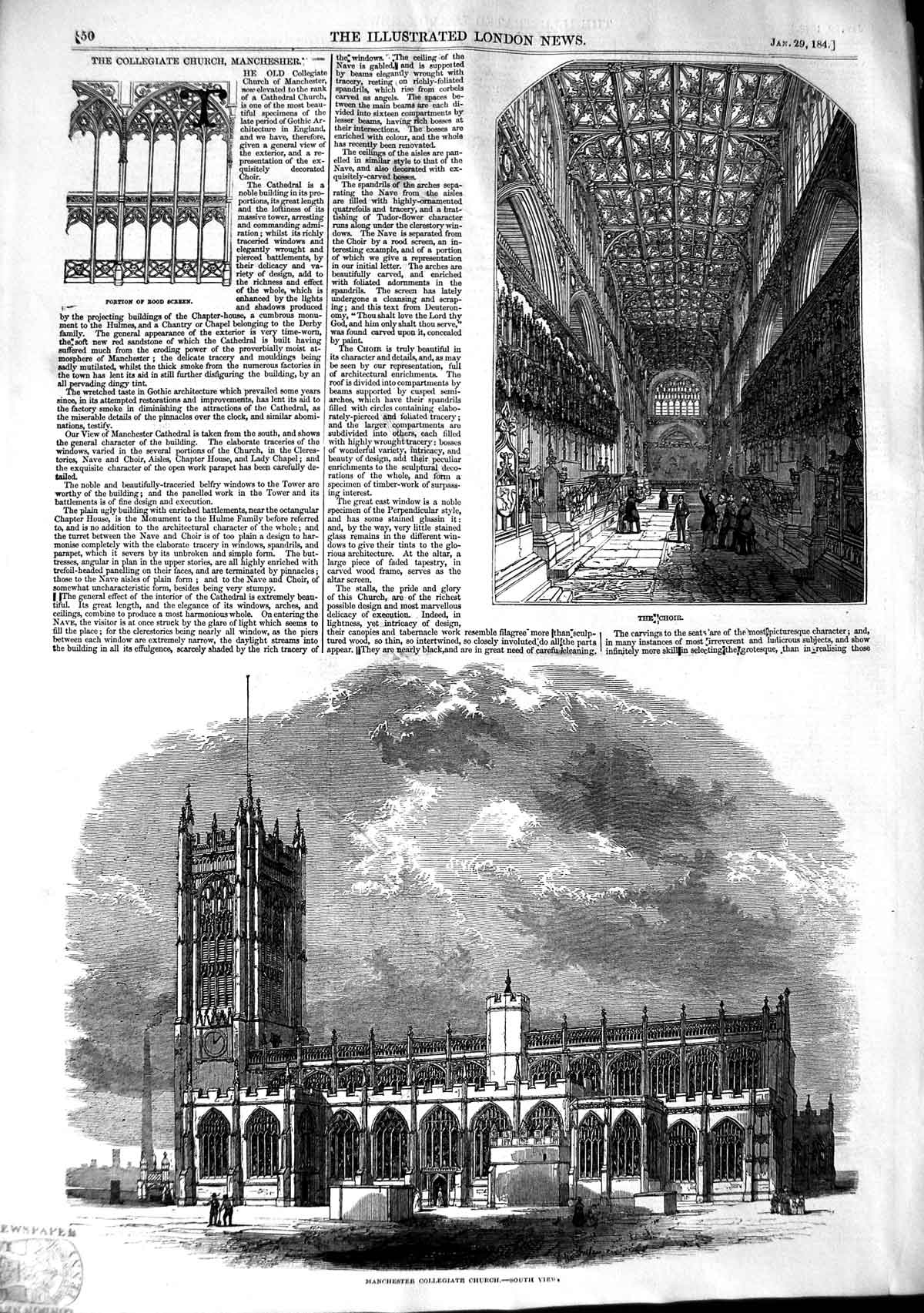 Original Old Antique Print 1848 Manchester Collegiate Church Choir Rood 19th