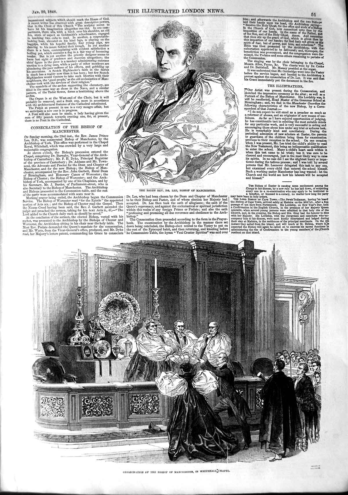 Original Old Antique Print 1848 Rev. Dr. Lee Bishop Manchester Whitehall Chapel