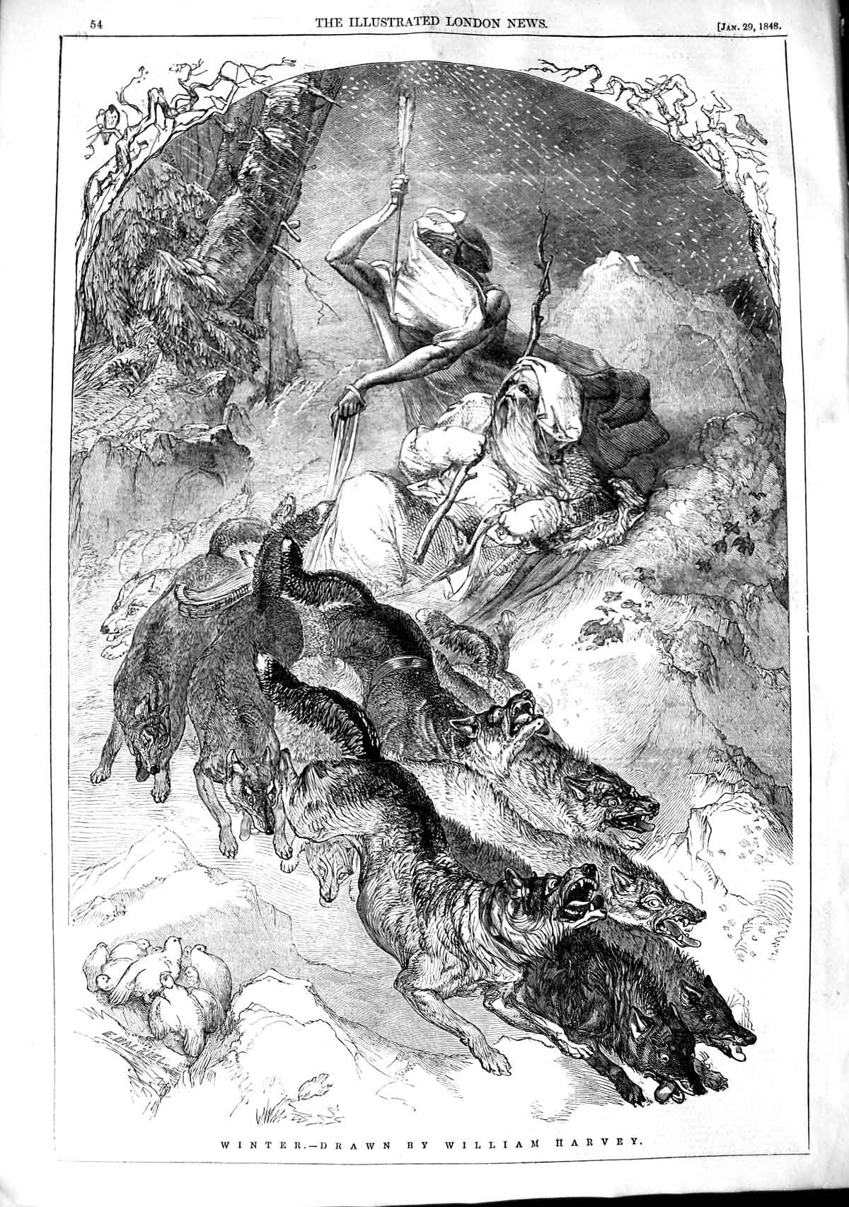 Original Old Antique Print 1848 William Harvey Winter Scene Wild Dogs Snow 19th
