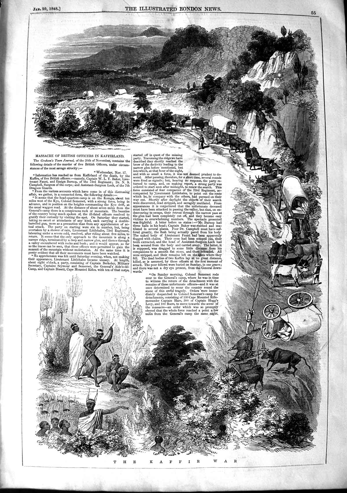 Original Old Antique Print 1848 Kaffir War Massacre British Officers Kaffirland