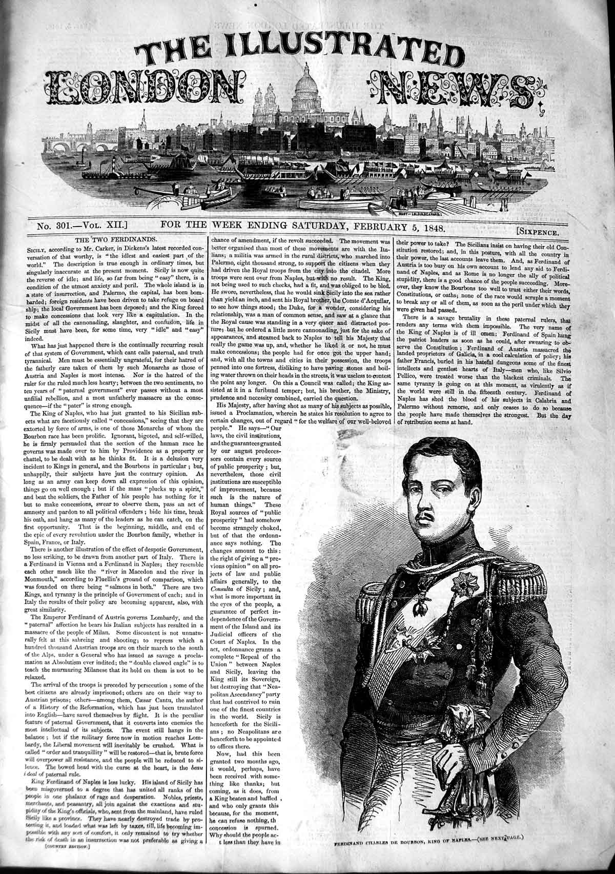 Original Old Antique Print 1848 Portrait Ferdinand Charles Bourbon King 19th