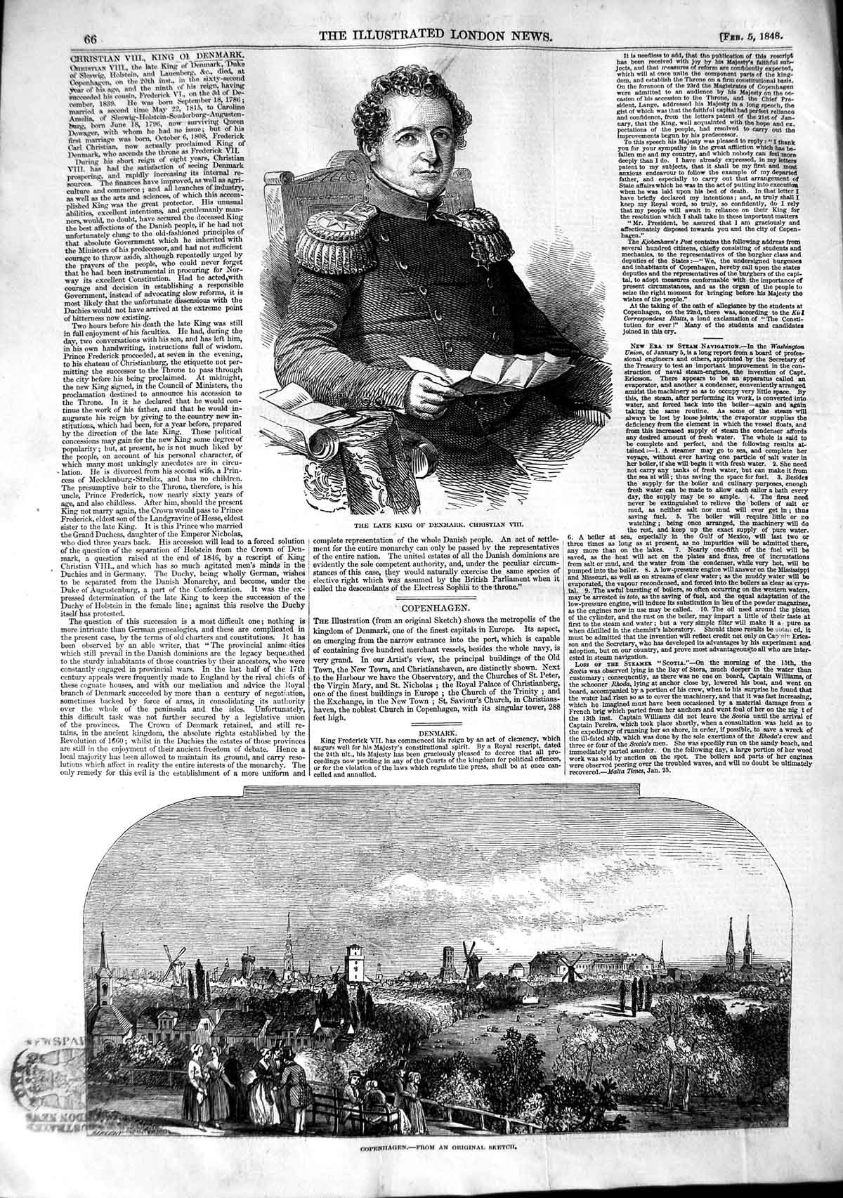 Original Old Antique Print 1848 King Denmark Christian Viii View Cop Victorian