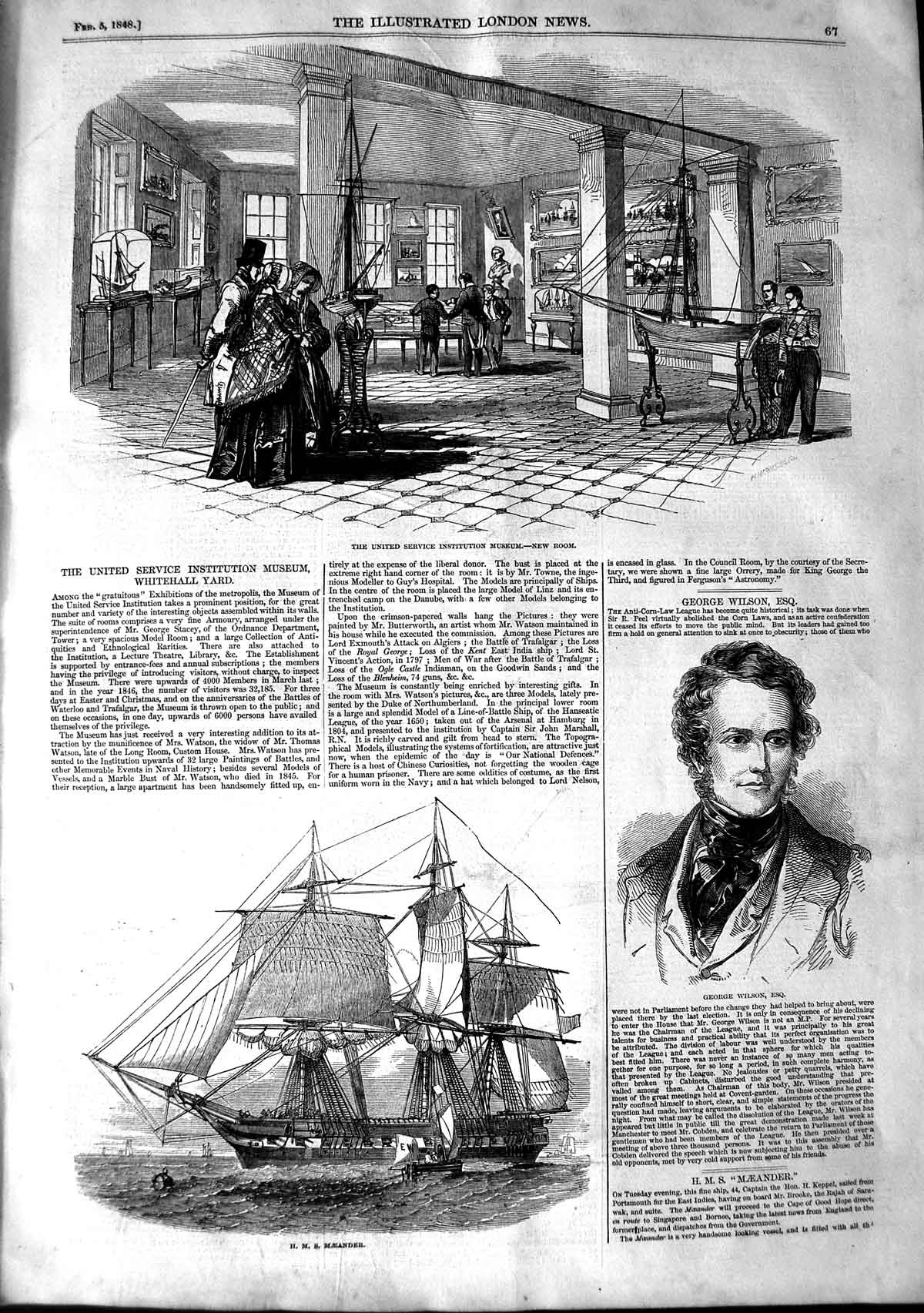 Original Old Antique Print 1848 United Service Museum Whitehall Meander Ship