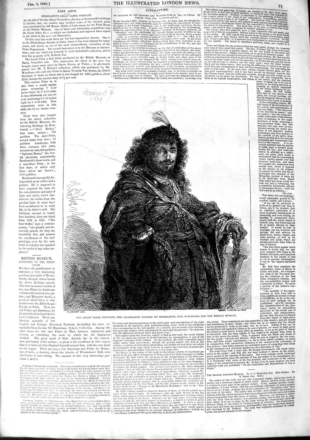 Original Old Antique Print 1848 Grat Sabre Portrait Rembrandt British Museum