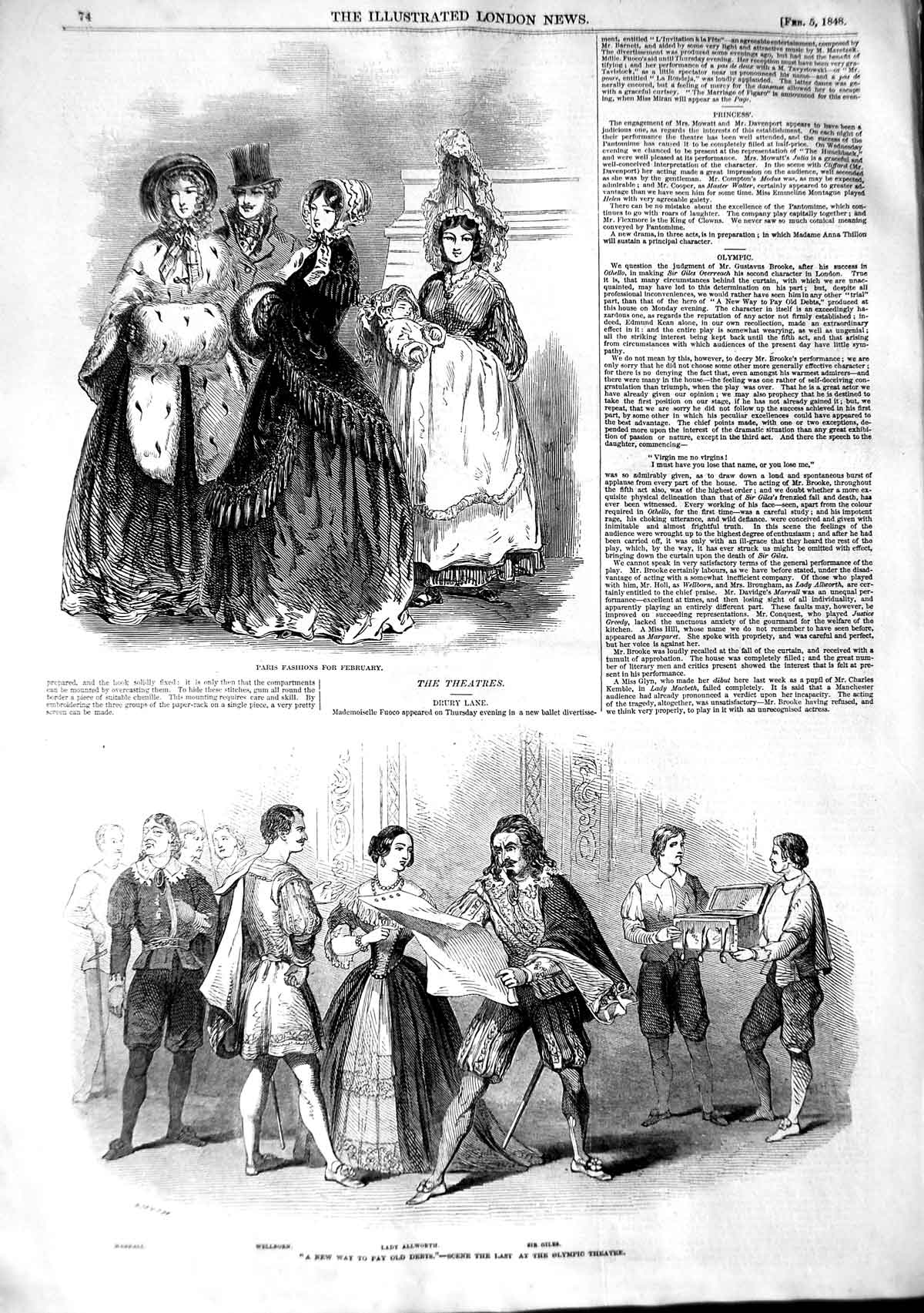 Original Old Antique Print 1848 Paris Fashion Drury Lane Theatre Allworth Giles