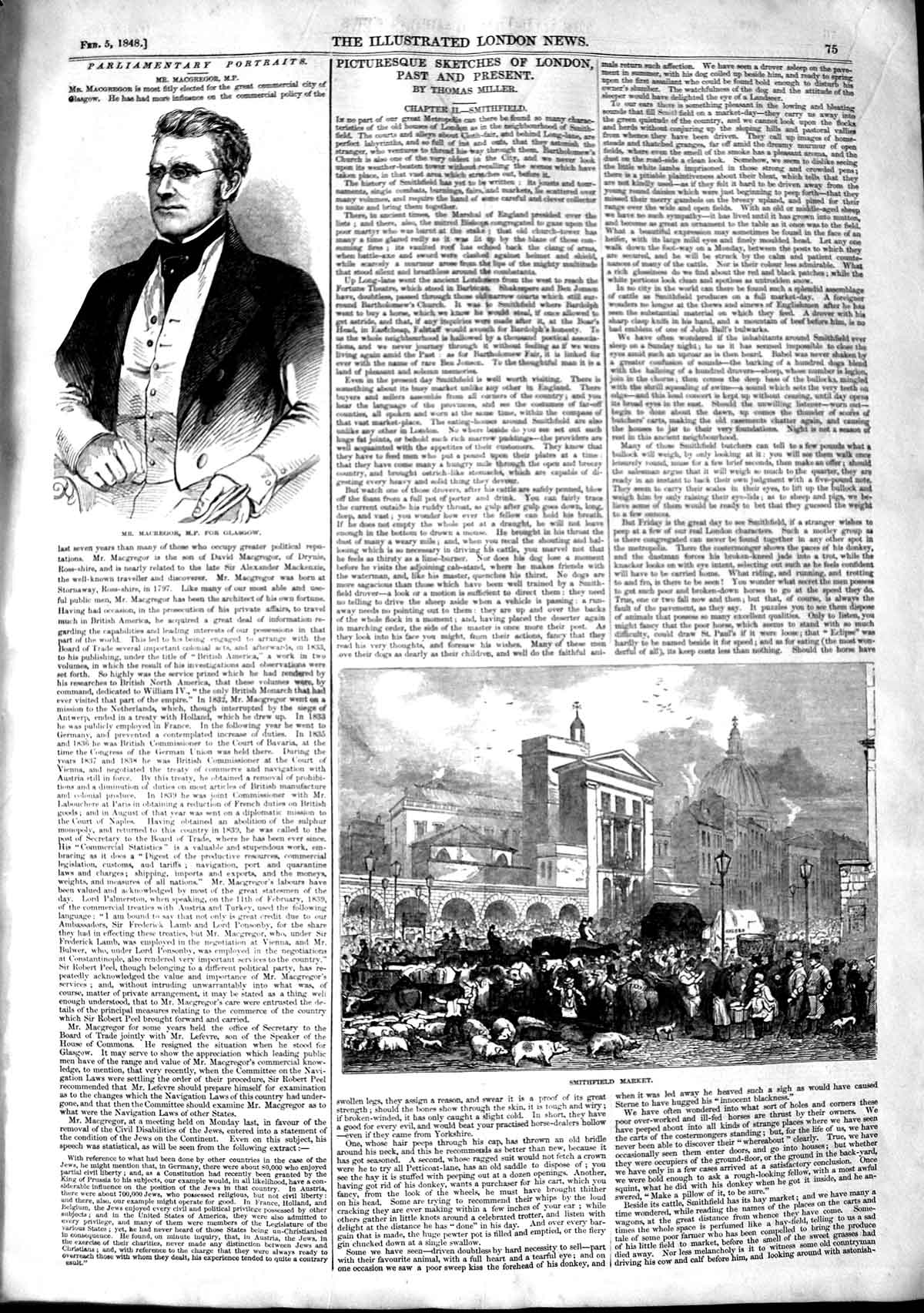 Old Antique Print 1848 Macgregor M.P. Glasgow Smithfield Market Animals 19th