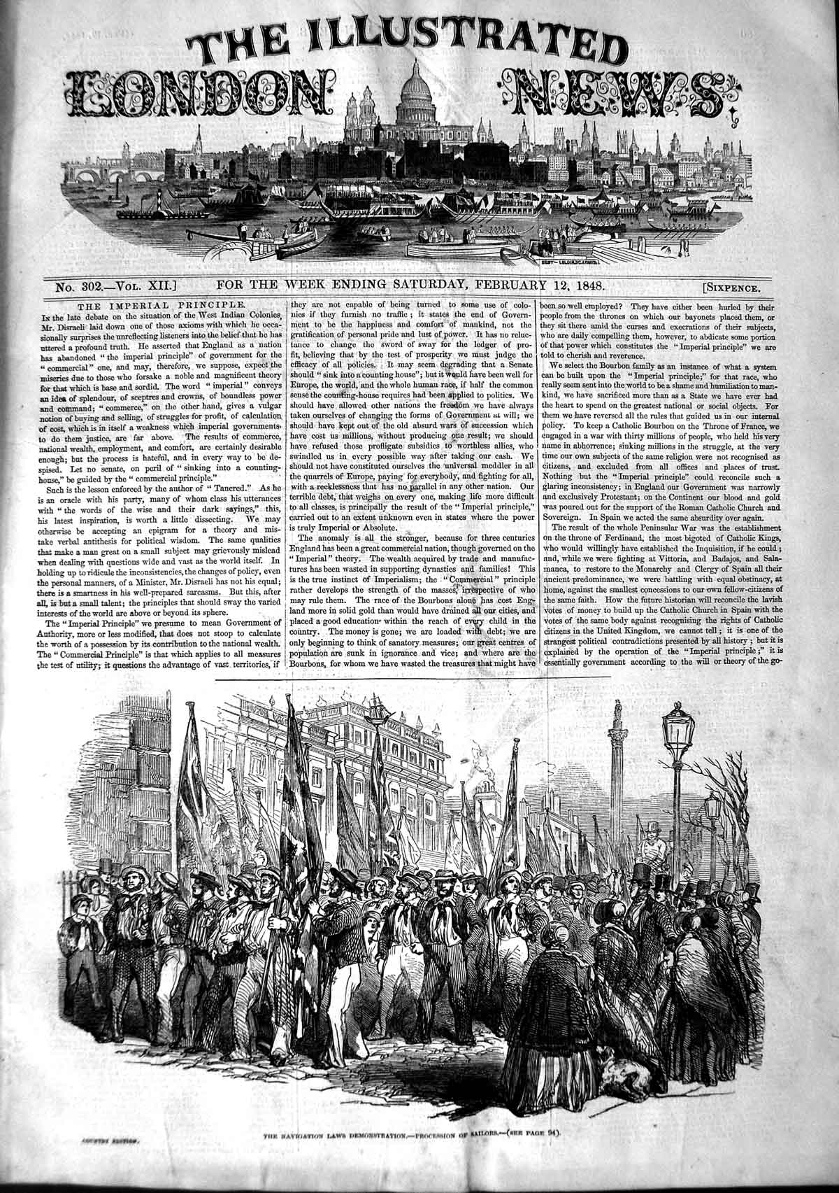 Old Antique Print 1848 Navigation Laws Demonstration Procession Sailors 19th