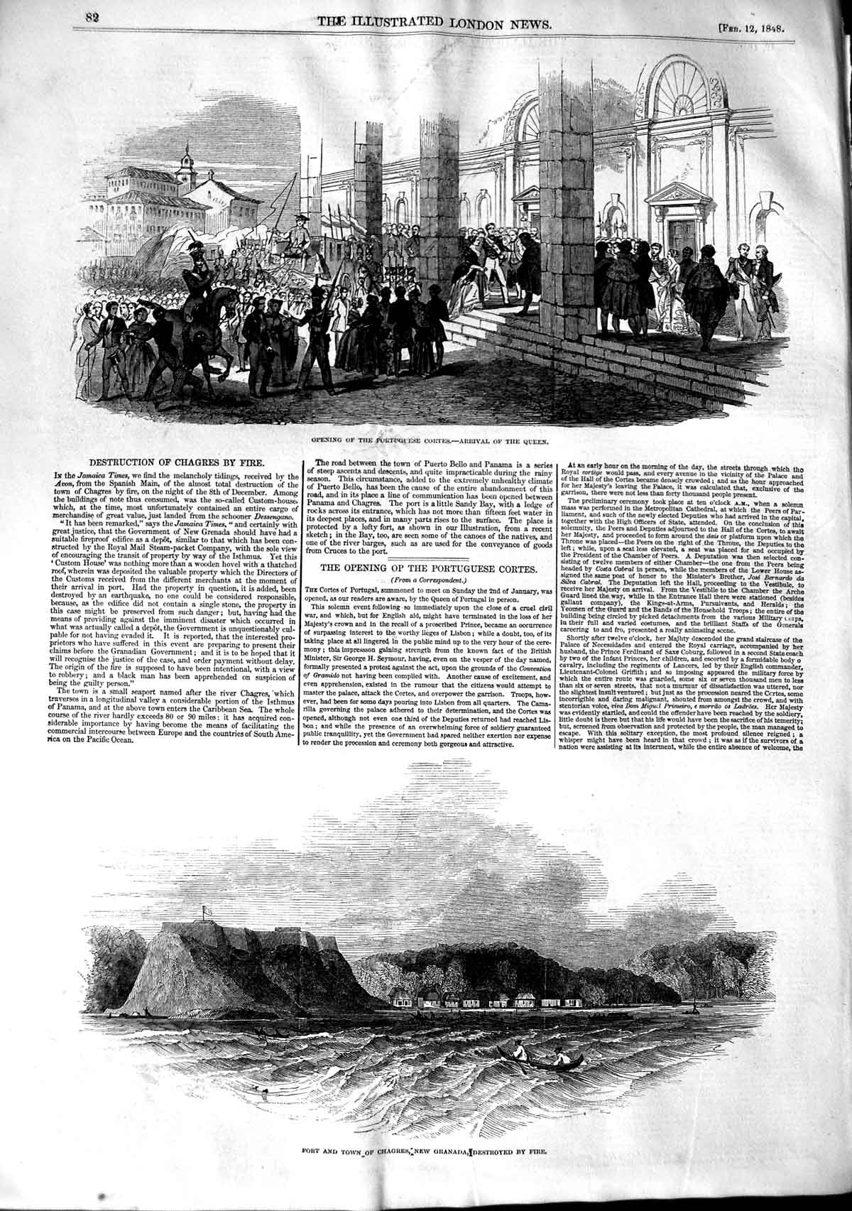 Original Old Antique Print 1848 Portuguese Cortes Fort Town Chagres Victorian