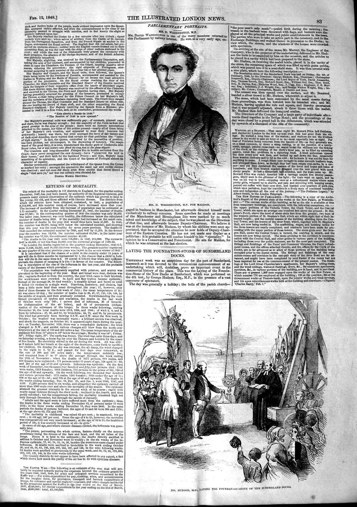 Original Old Antique Print 1848 Waddington M.P. Maldon Hudson Sunderland Docks