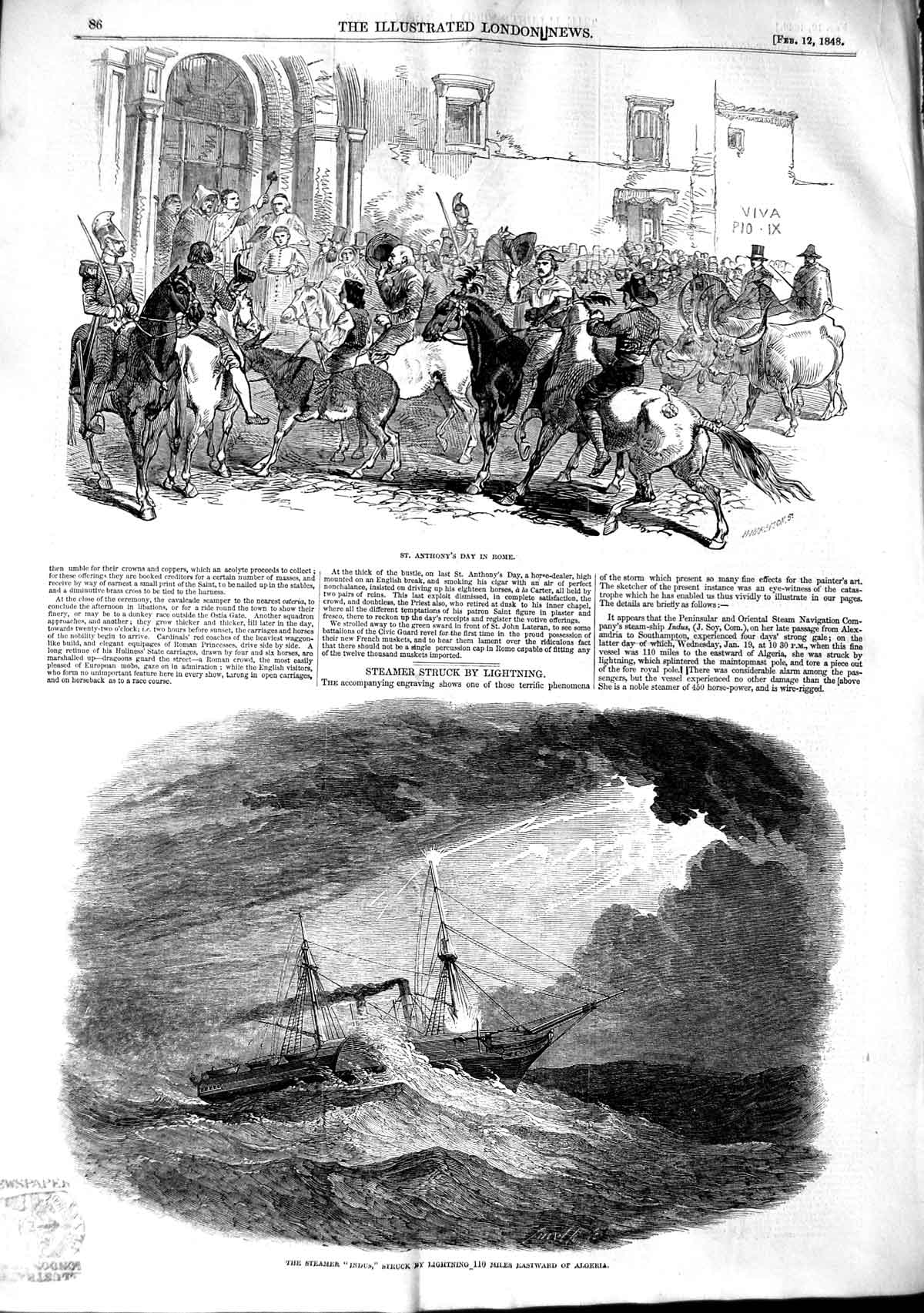 Old Antique Print 1848 St. Anthony'S Day Rome Steamer Ship Indus Algeria 19th