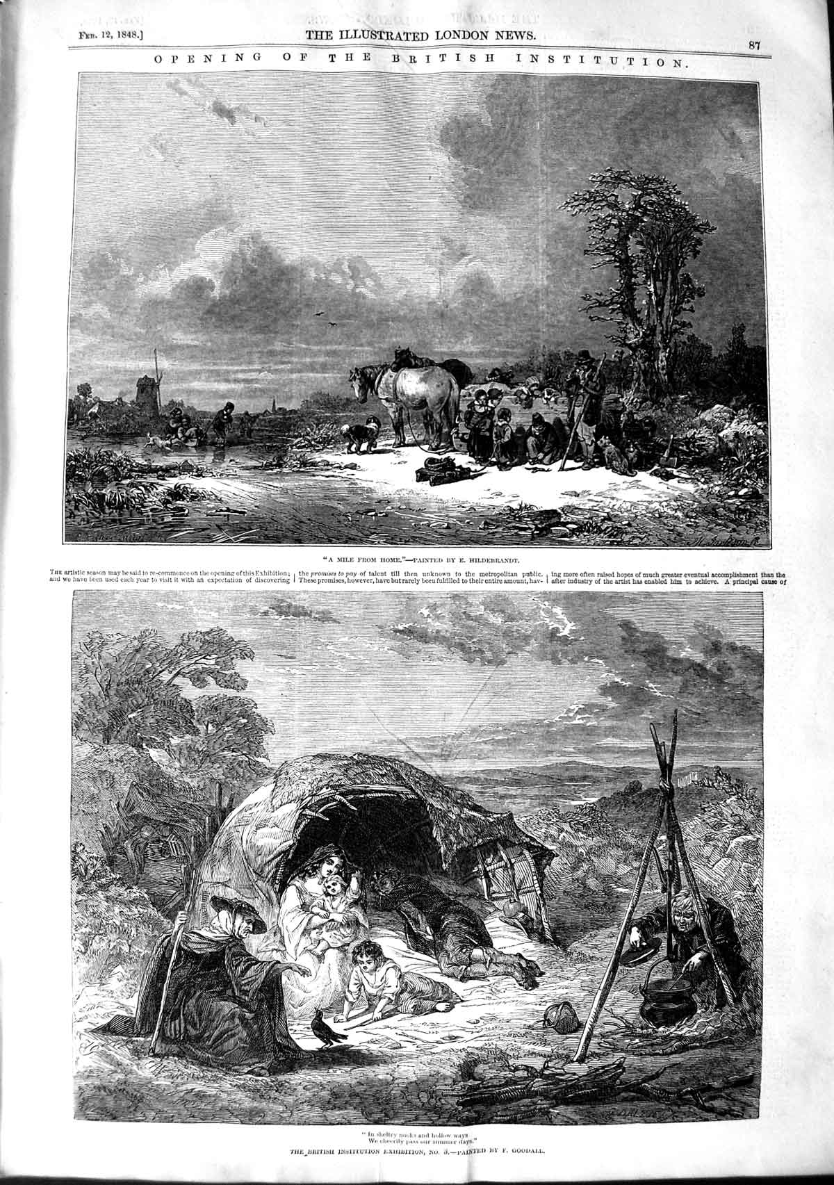 Old Antique Print 1848 British Institution Art Horses Family Camp Scene 19th