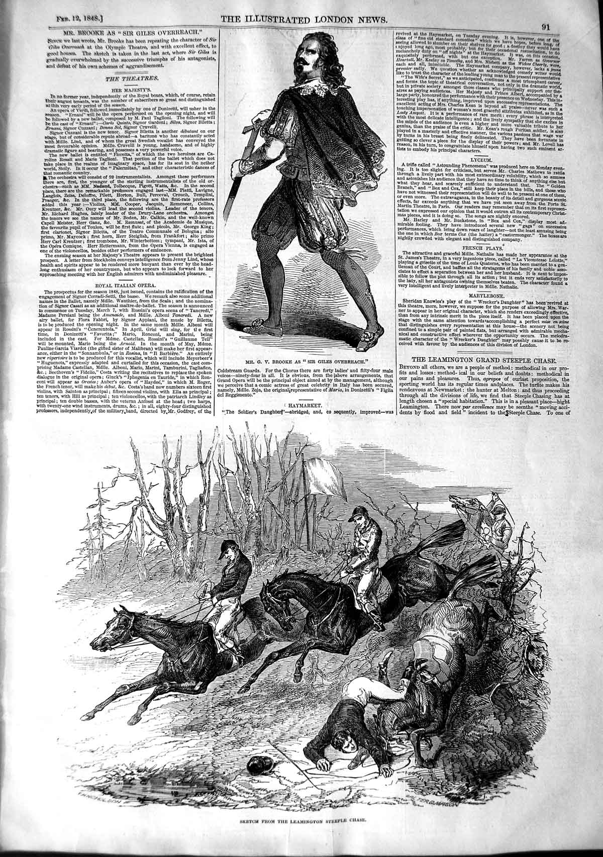 Old Antique Print 1848 Theatre Brooke Overreach Leamington Steeple Chase 19th