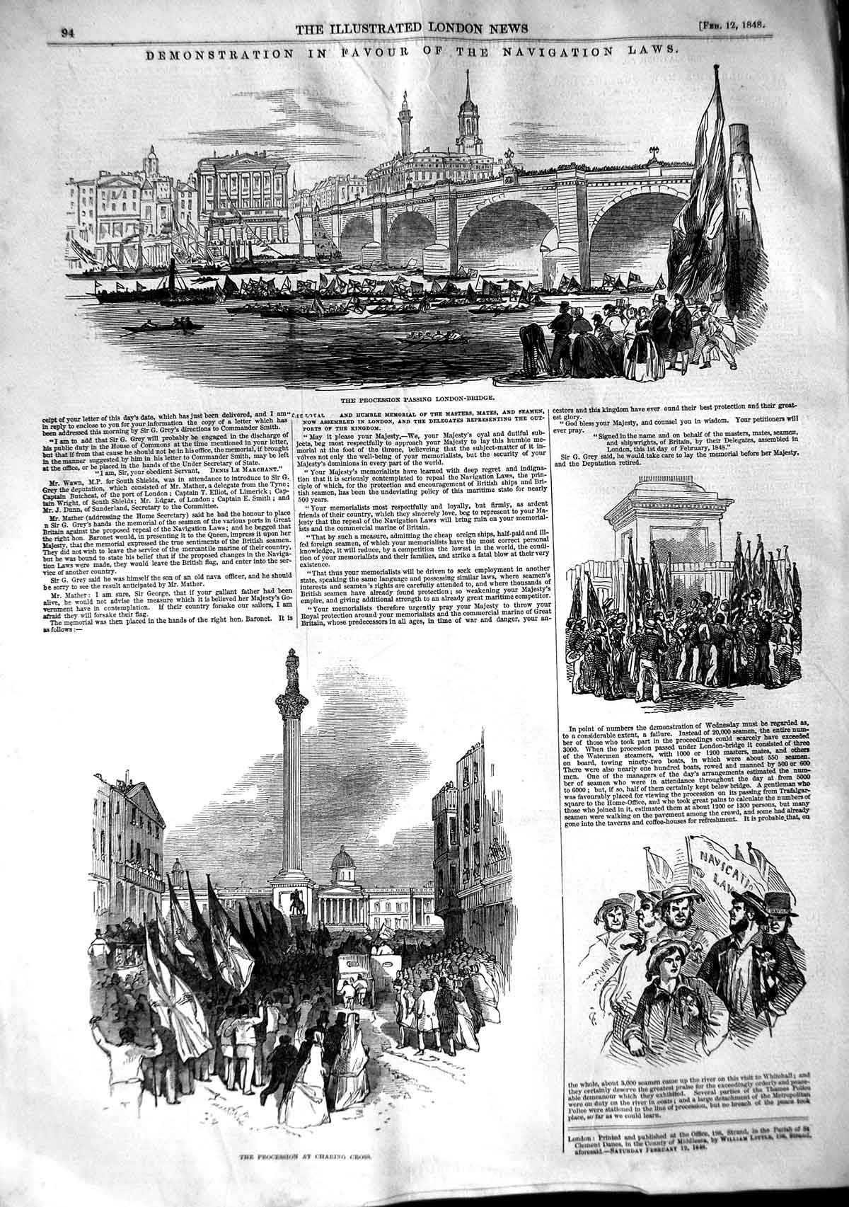 Old Antique Print 1848 Navigation Laws London Bridge Charing Cross Boats 19th