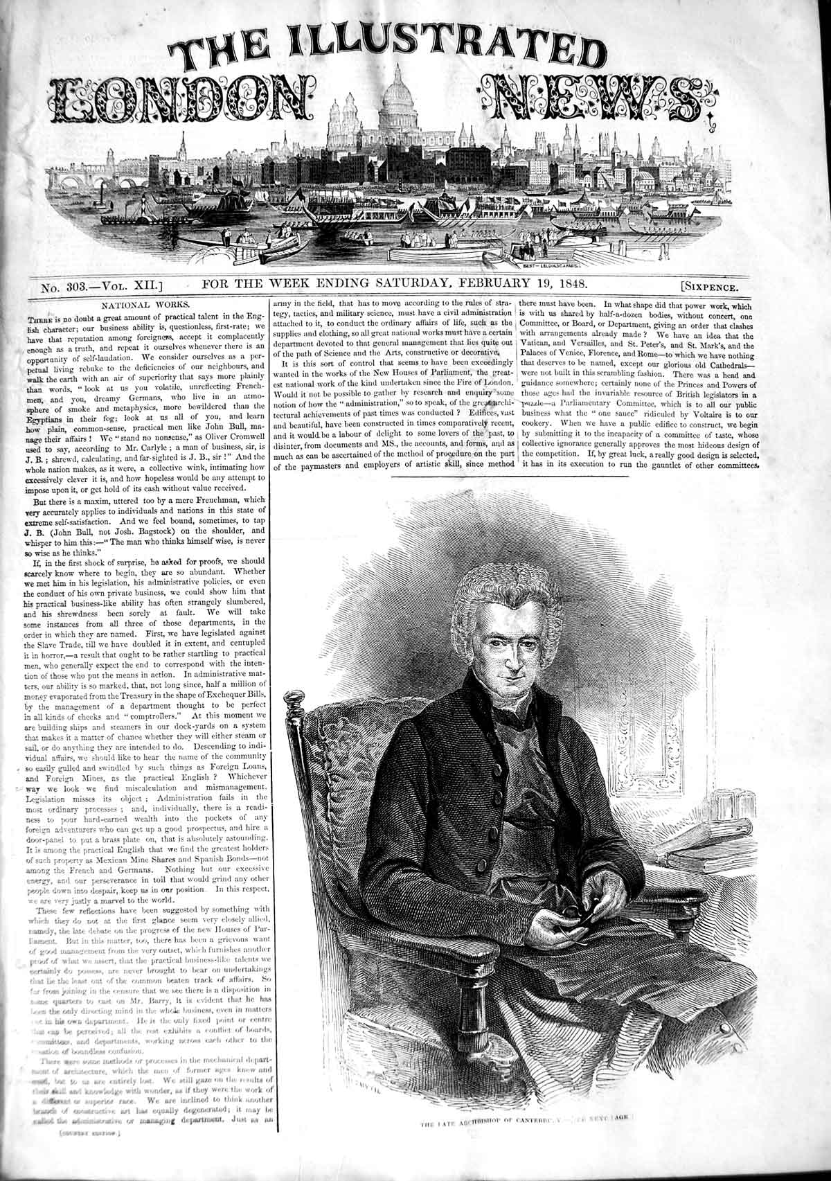 Original Old Antique Print 1848 Portrait Archbishop Canterbury 19th