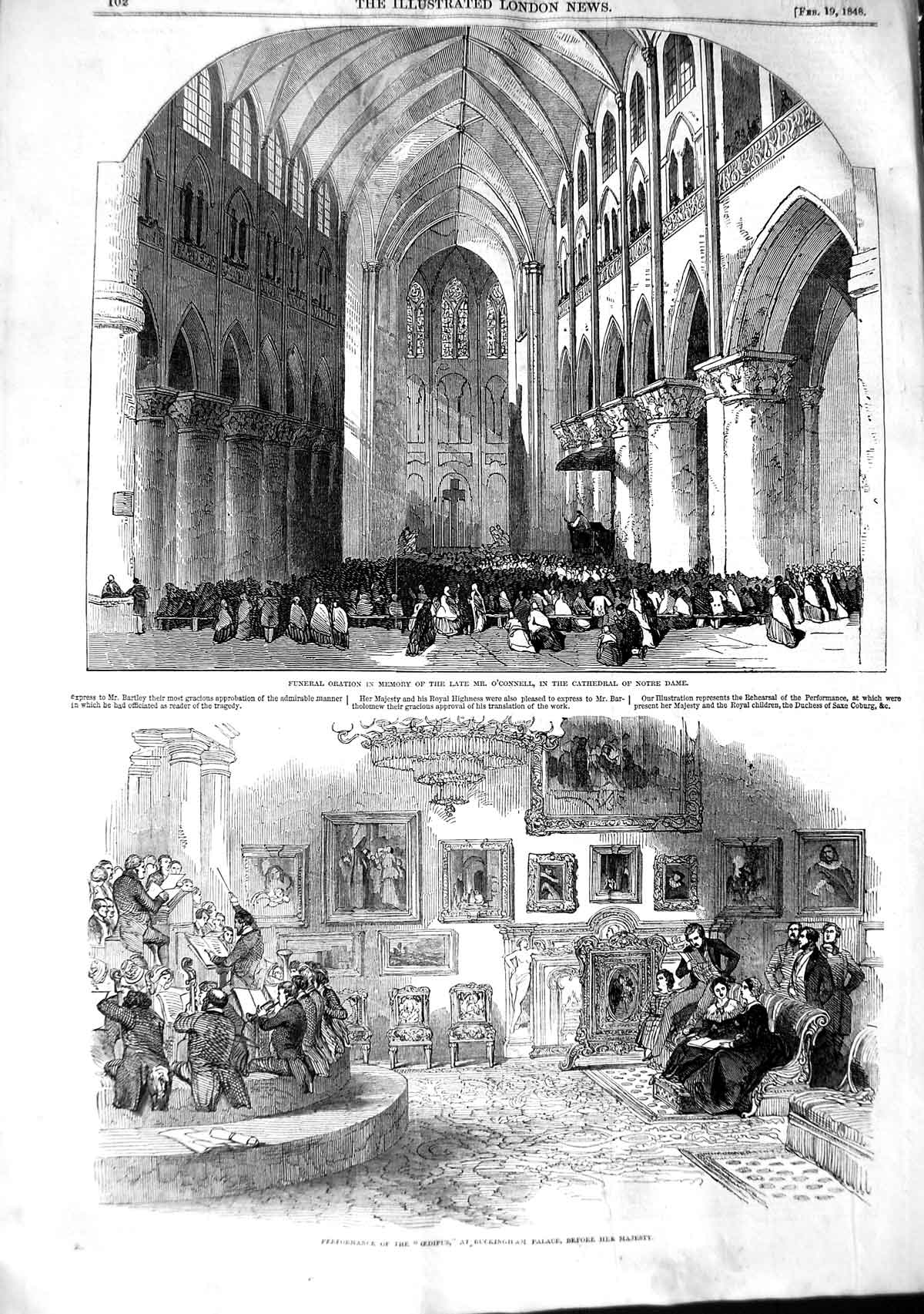Original Old Antique Print 1848 Funeral Oration O'Connell Notre Dame Buckingham