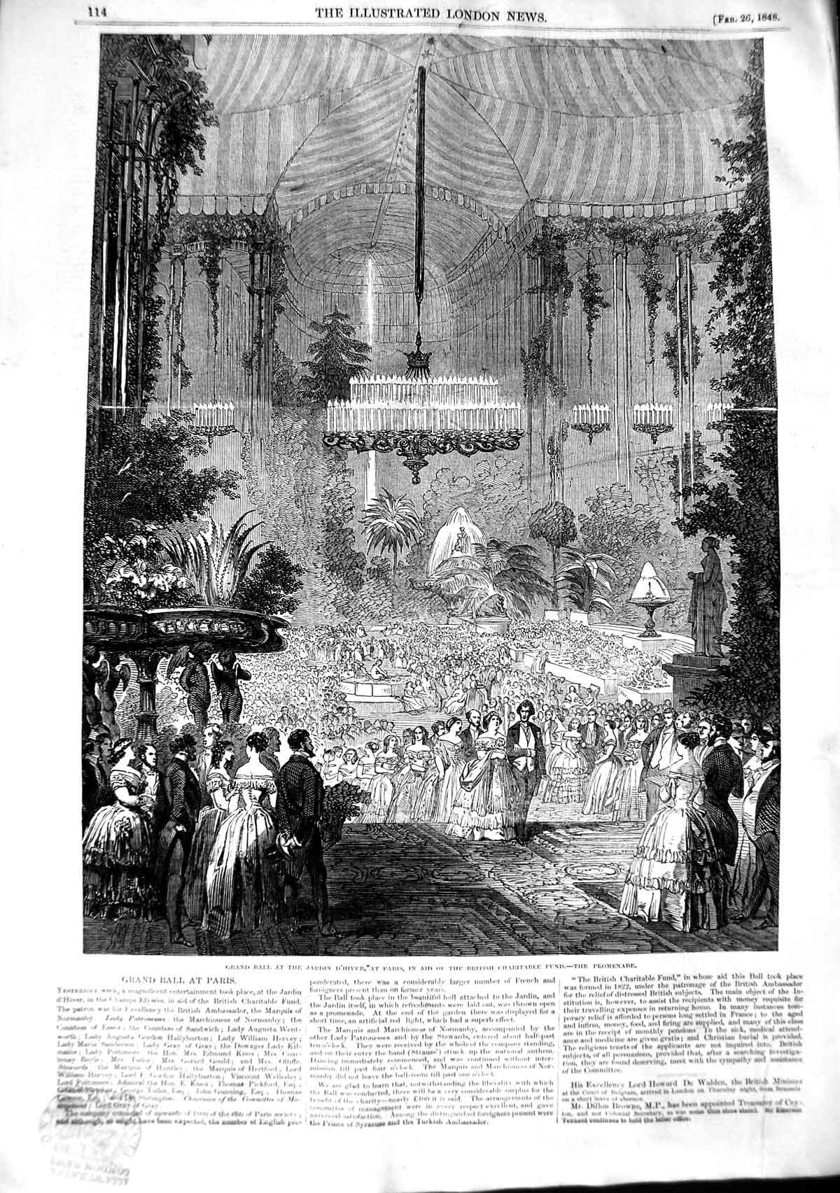 Original Old Antique Print 1848 Grand Ball Jardin D'Hiver Paris France 19th