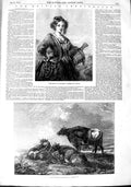 Old Antique Print 1848 Art Cooper Cattle Reposing Lily St. Leonards Girl 19th