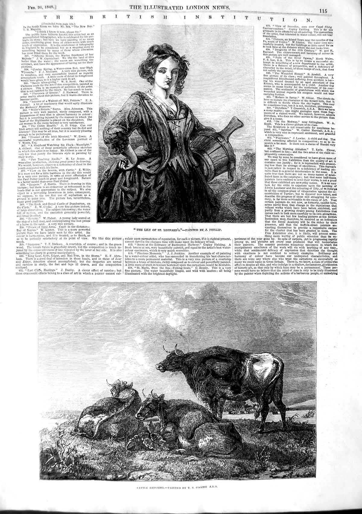Old Antique Print 1848 Art Cooper Cattle Reposing Lily St. Leonards Girl 19th