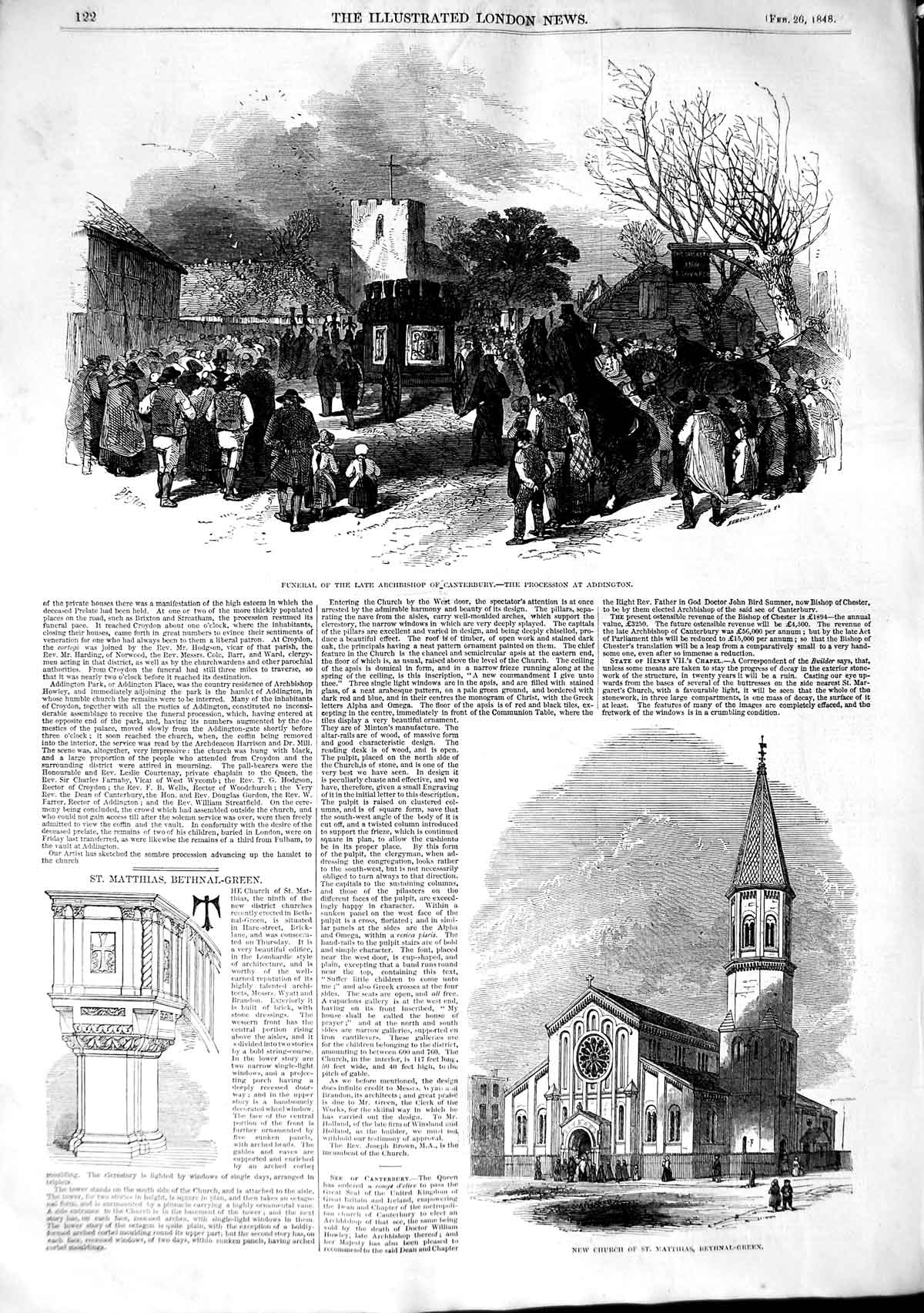 Old Antique Print 1848 Funeral Archbishop Canterbury Church Bethnal-Green 19th