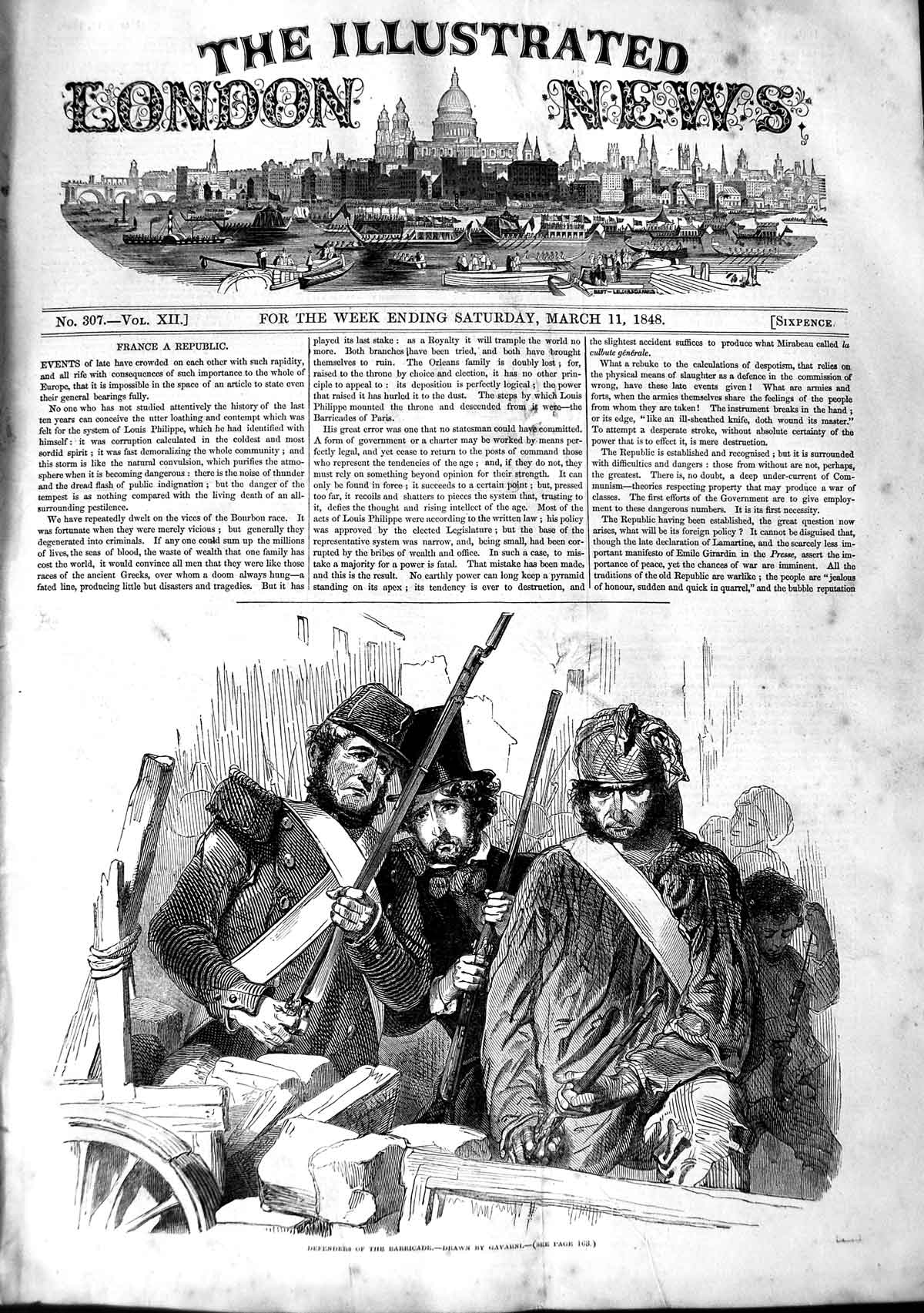 Original Old Antique Print 1848 Defenders Barricade French Revolution Victorian