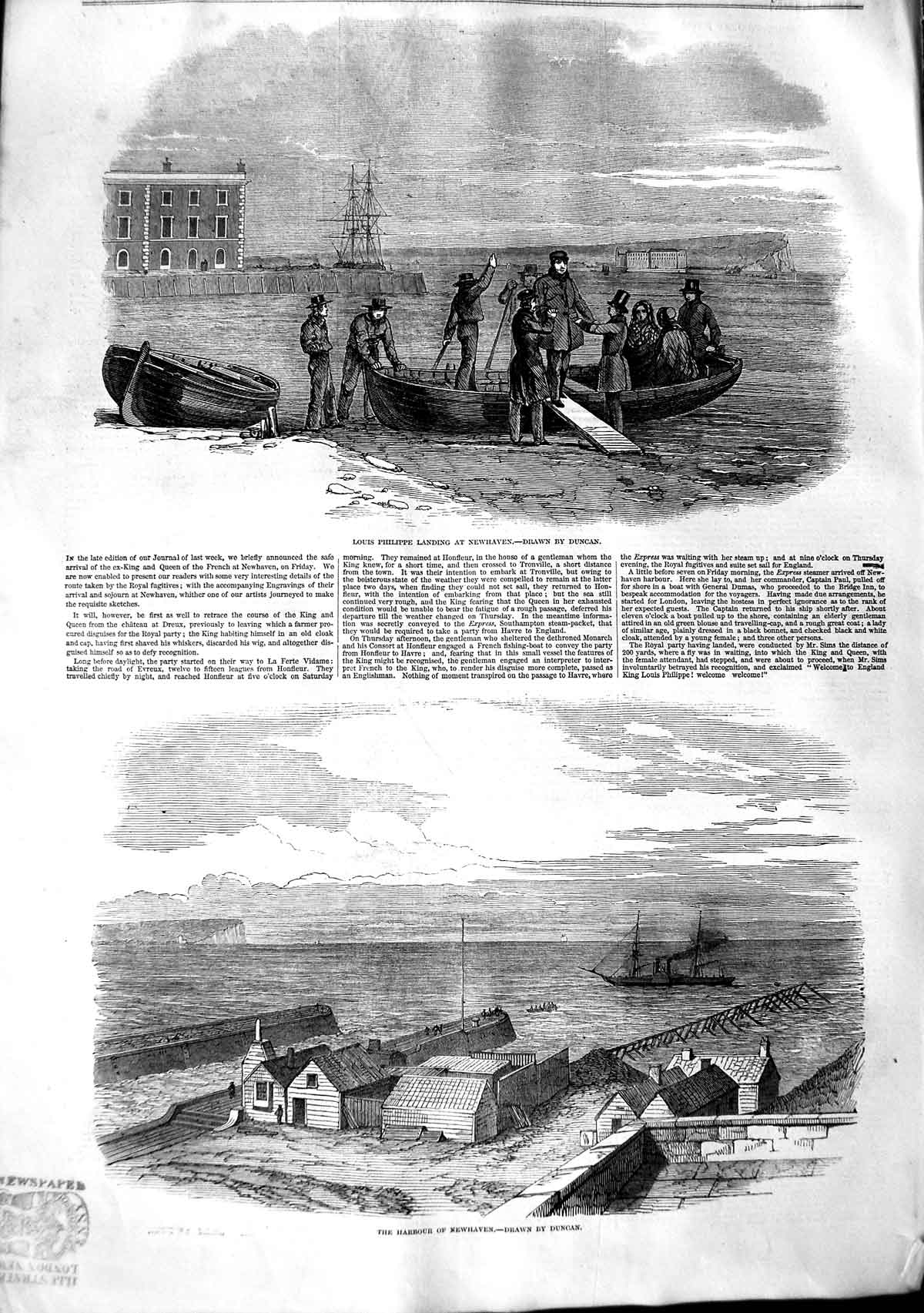 Original Old Antique Print 1848 Louis Philippe Newhaven Harbour Ships Duncan