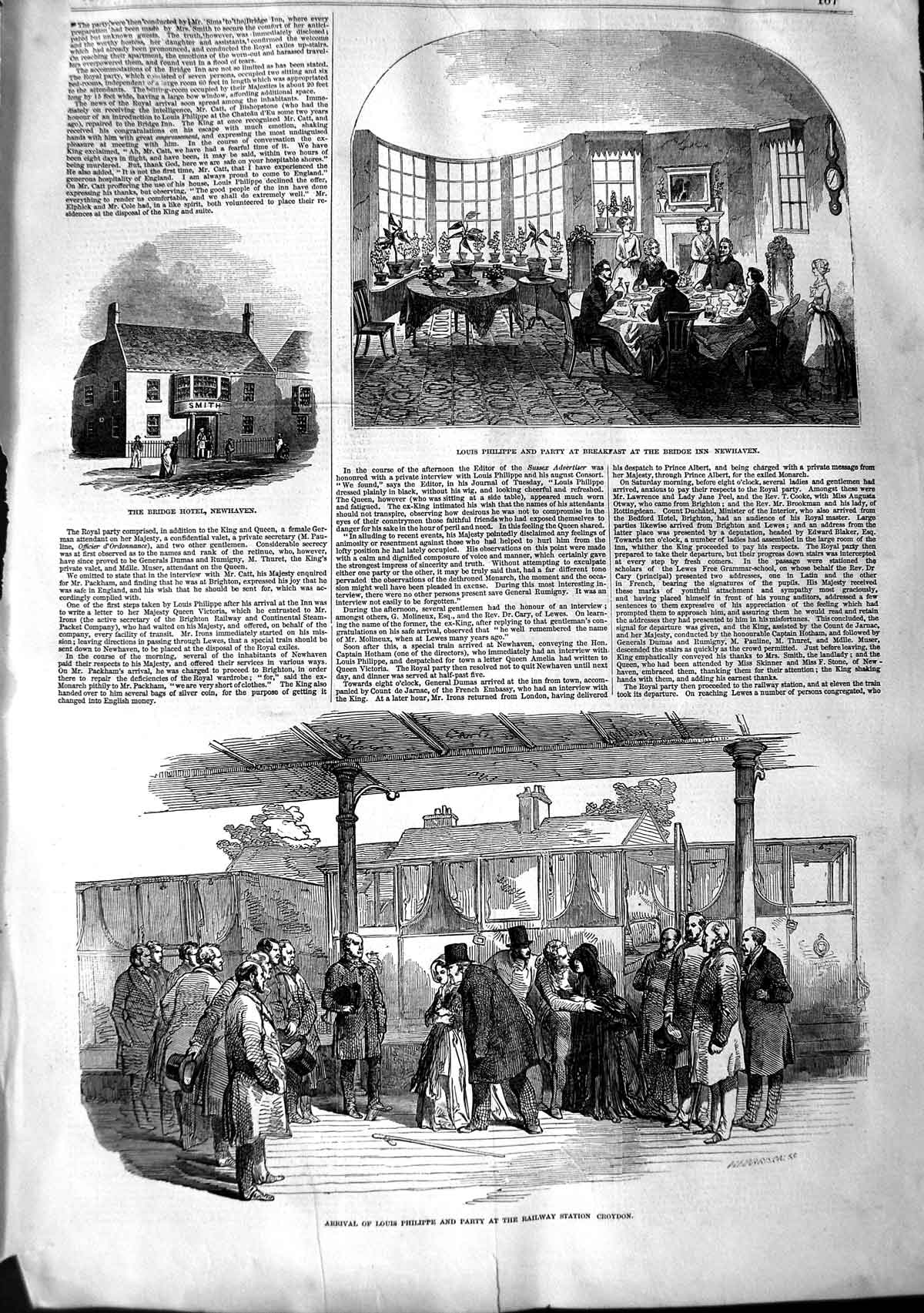 Original Old Antique Print 1848 Bridge Hotel Newhaven Philippe Railway Croydon