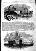 Original Old Antique Print 1848 Tubular Railway Bridge River Conway Train 19th