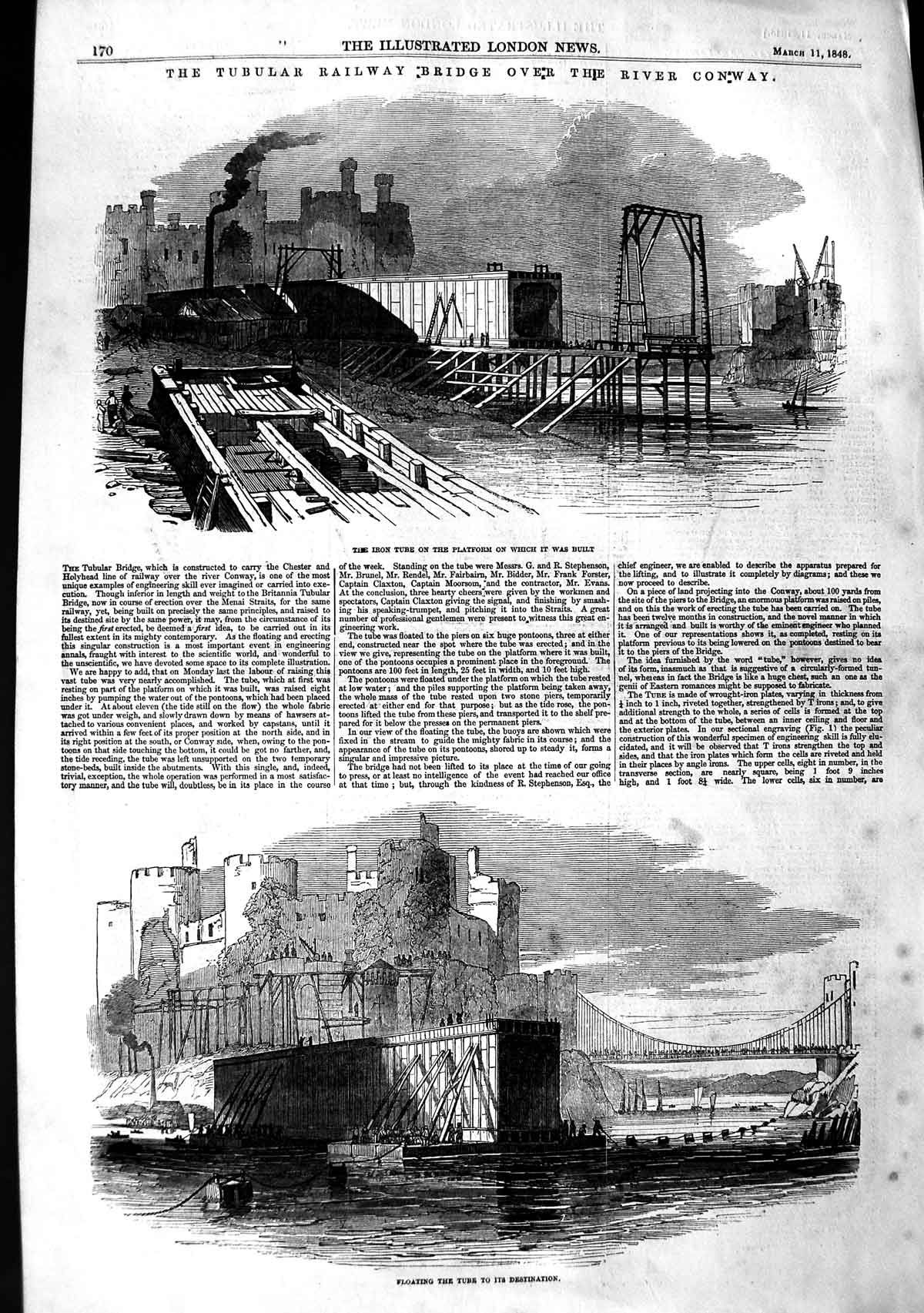 Original Old Antique Print 1848 Tubular Railway Bridge River Conway Train 19th