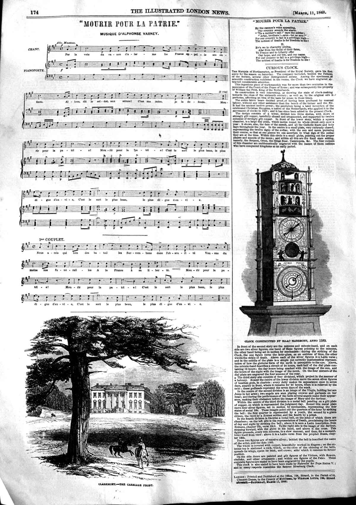 Old Antique Print 1848 View Claremont Clock Isaac Habrecht Music Patrie 19th