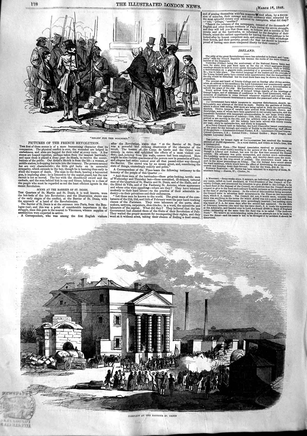 Original Old Antique Print 1848 French Revolution Wounded Siers Barrier Denis