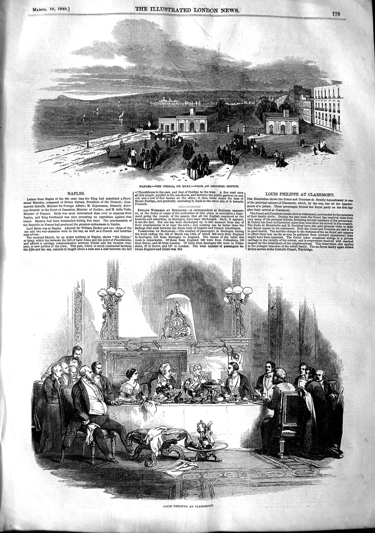 Original Old Antique Print 1848 View Naples Chiaja Quay Louis Philippe Cl 19th