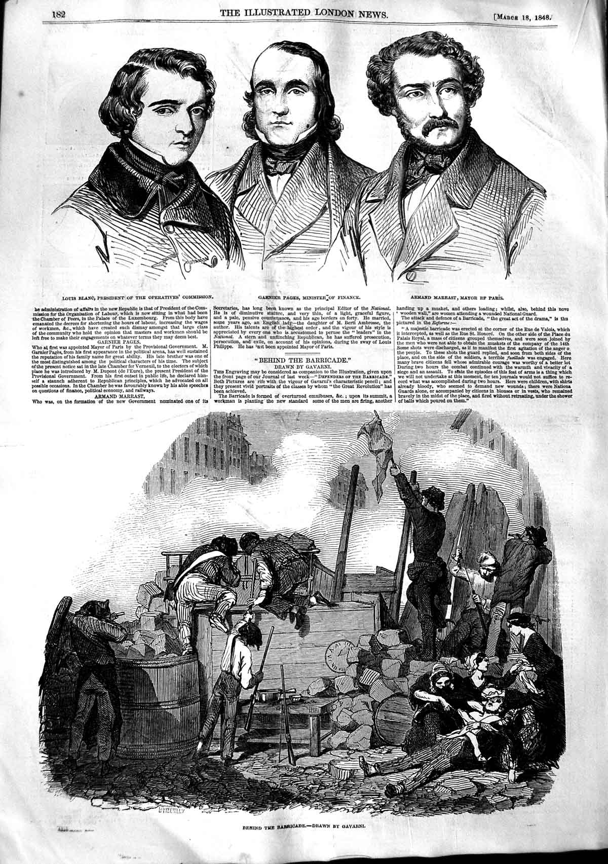 Original Old Antique Print 1848 Barricade Gavarni Louis Blanc Pages Marras 19th