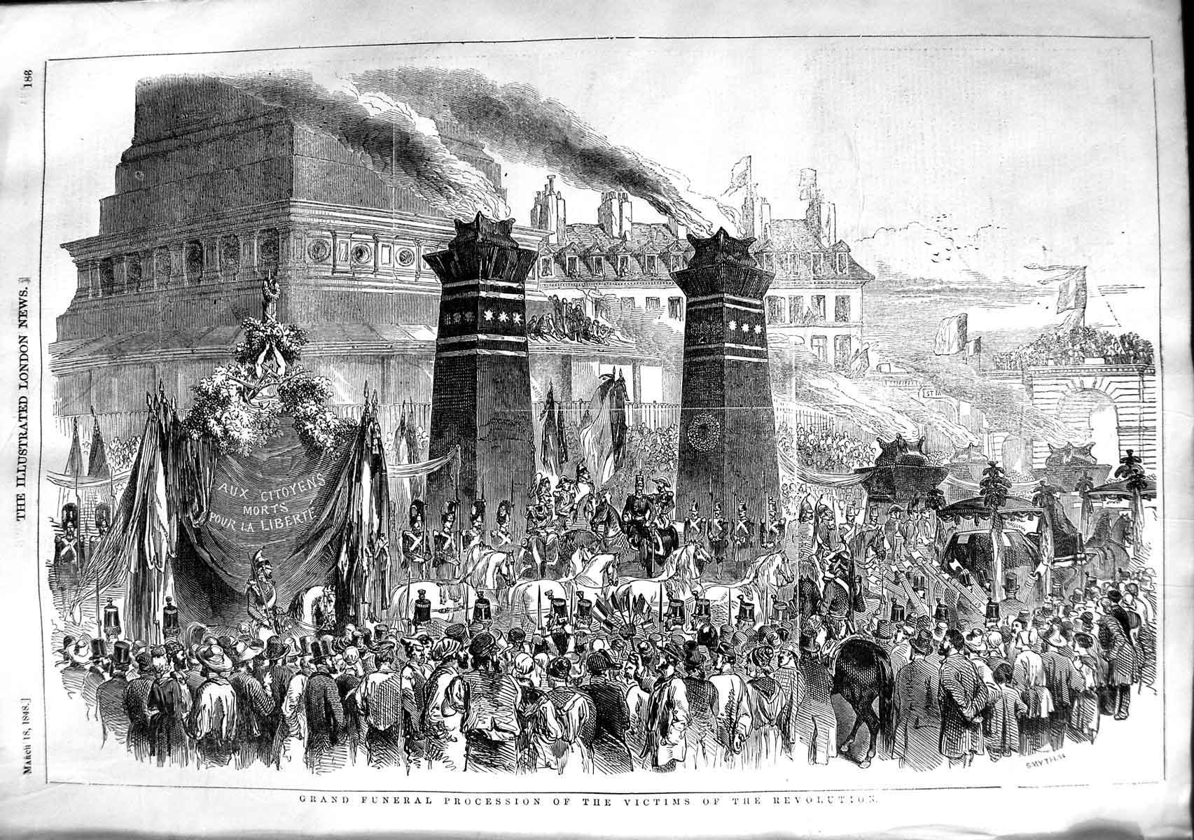 Original Old Antique Print 1848 Funeral Procession Victims Revolution France