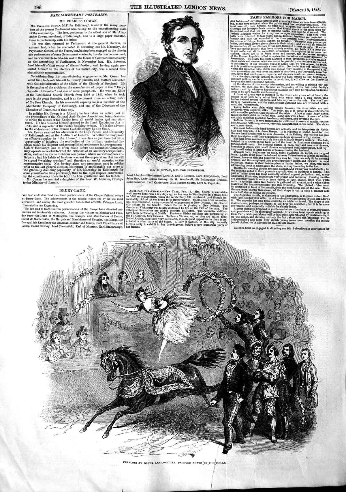 Original Old Antique Print 1848 Cowan M.P. Edinburgh Franconi Dury Theatr 19th