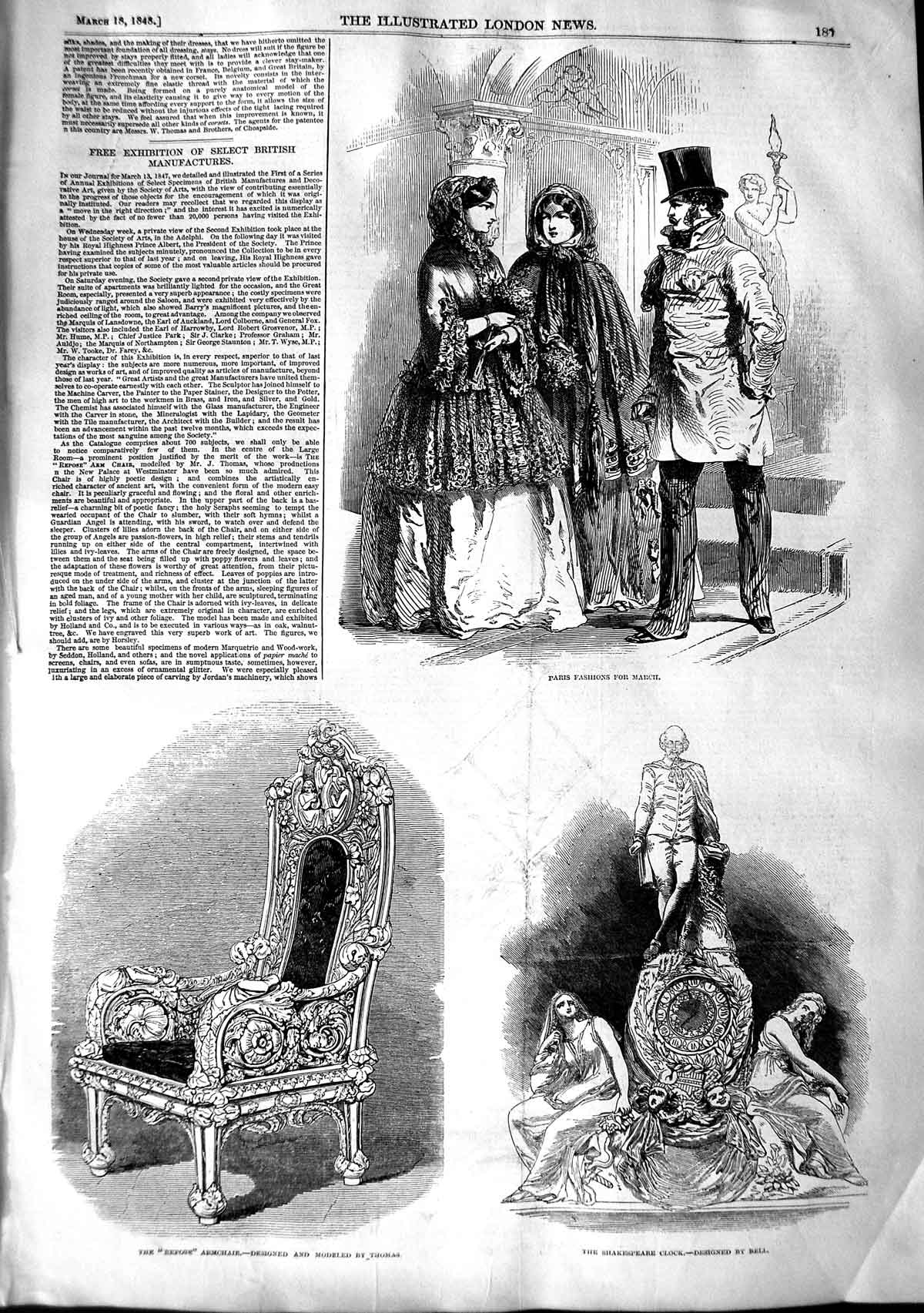 Original Old Antique Print 1848 Paris Fashion Repose Armchair Shakespeare Clock
