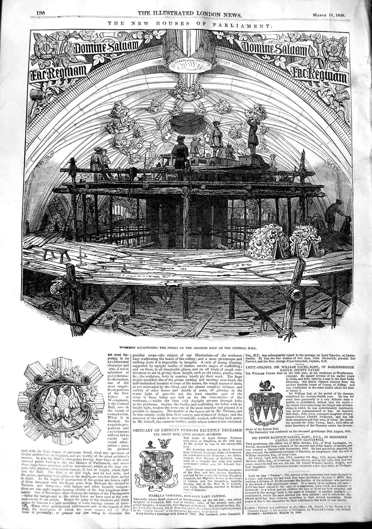 Original Old Antique Print 1848 Houses Parliament Workmen Groined RoHall 19th