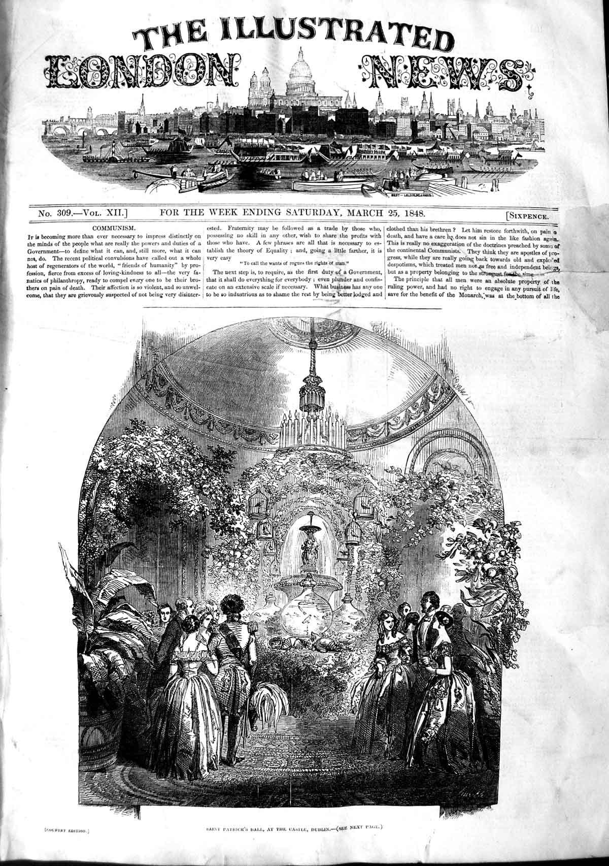 Original Old Antique Print 1848 Saint Patrick Hall Castle Dublin Ireland 19th