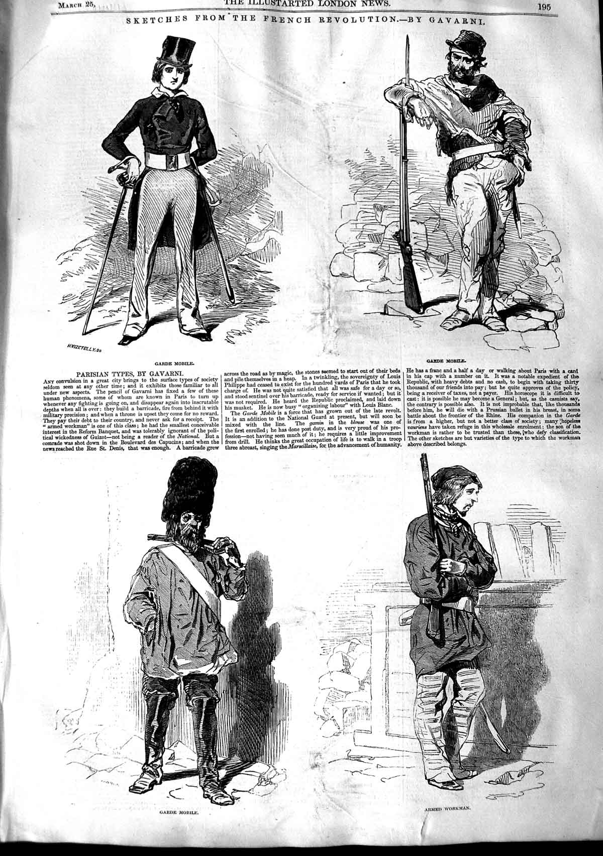 Original Old Antique Print 1848 French Revolution Garde Mobile Armed Victorian